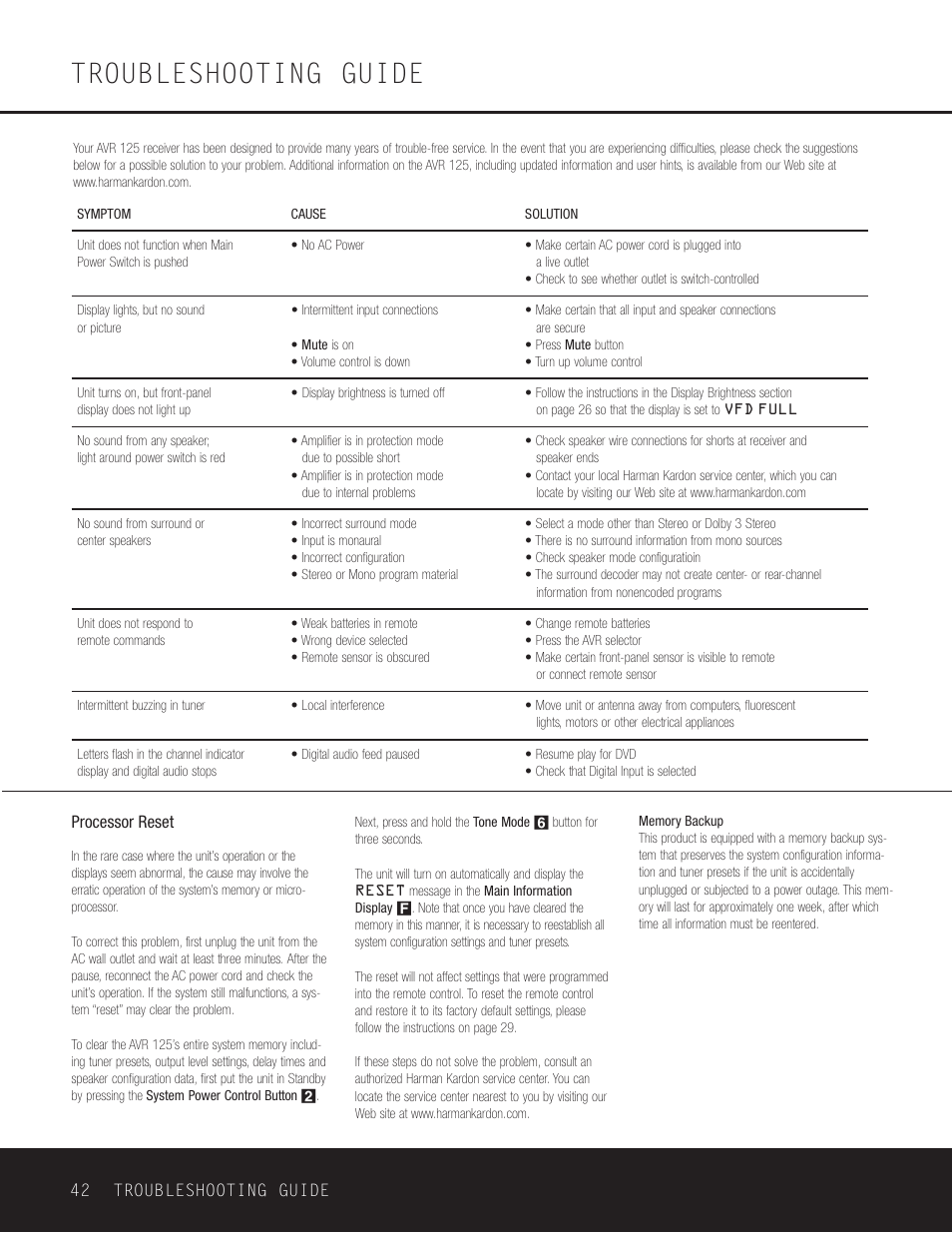 Troubleshooting, Reset, Troubleshooting guide | Harman-Kardon AVR 125 User Manual | Page 42 / 49