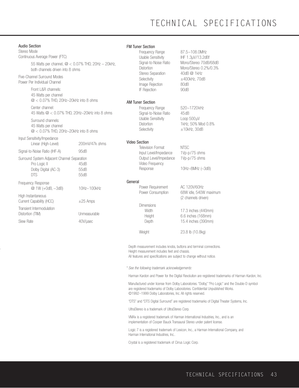 Specs, Technical specifications | Harman-Kardon AVR 125 User Manual | Page 43 / 49