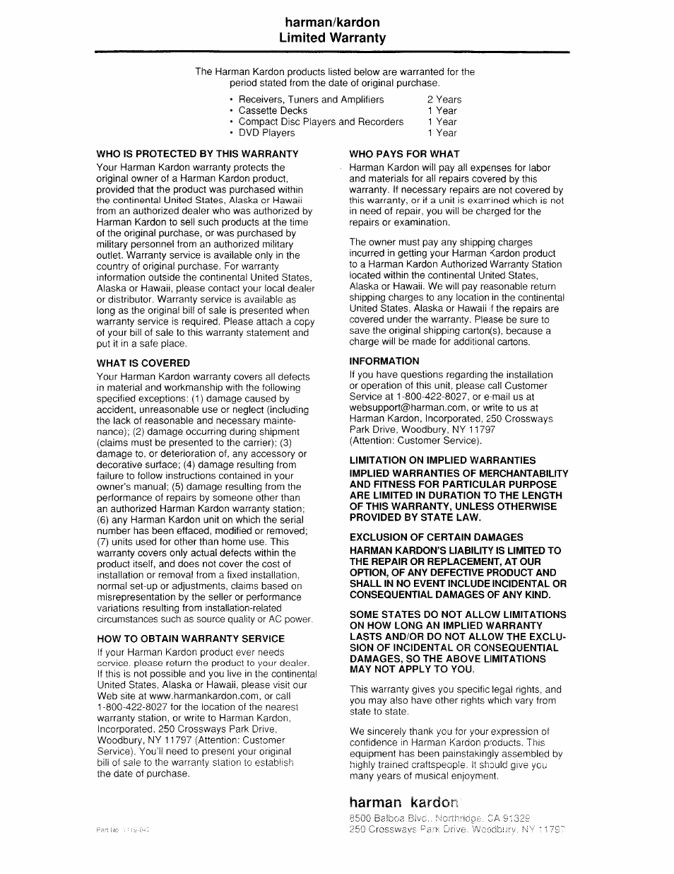 Warranty | Harman-Kardon AVR 125 User Manual | Page 45 / 49