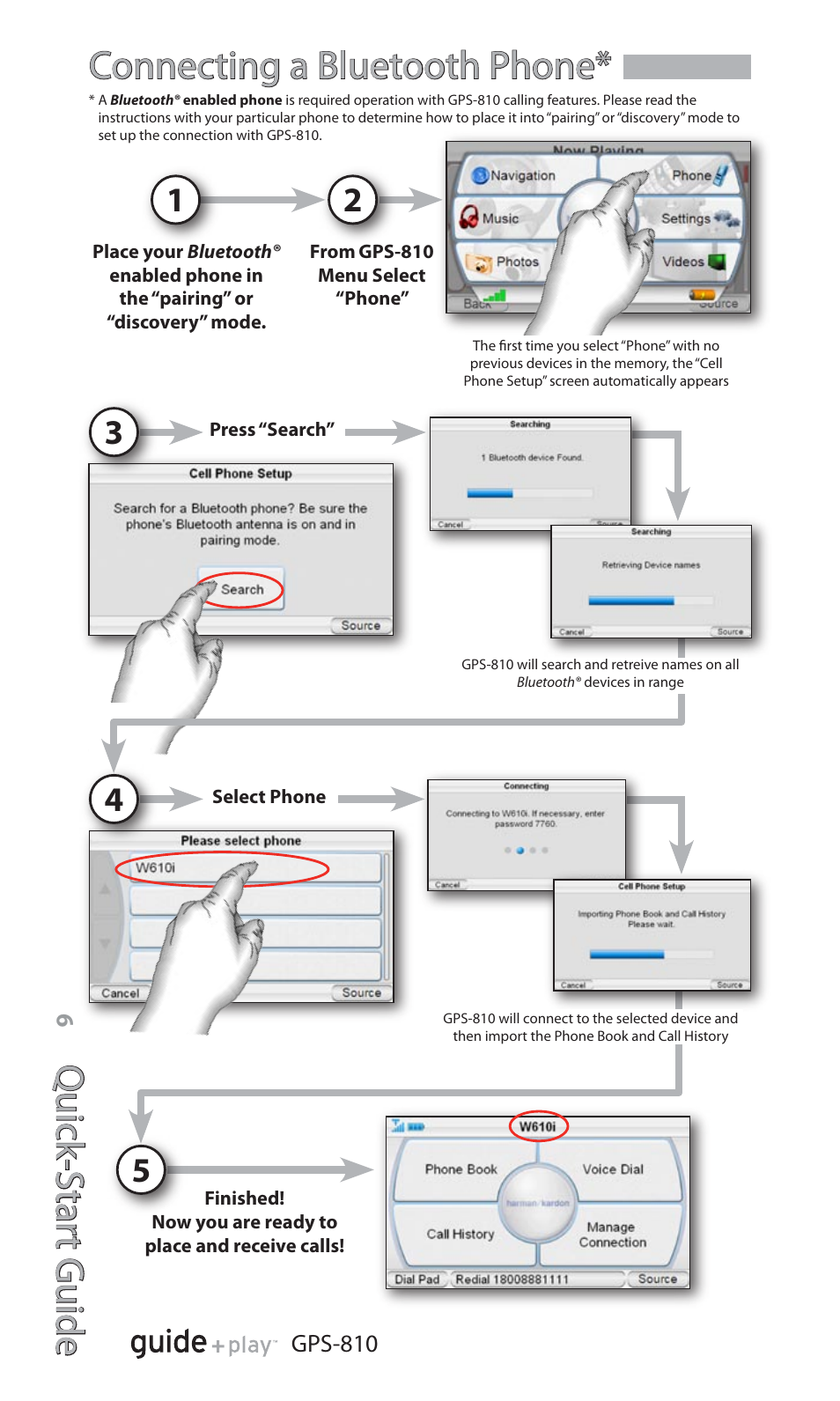 Quick -star t guide, Connecting a bluetooth phone | Harman-Kardon GPS-810 User Manual | Page 6 / 16