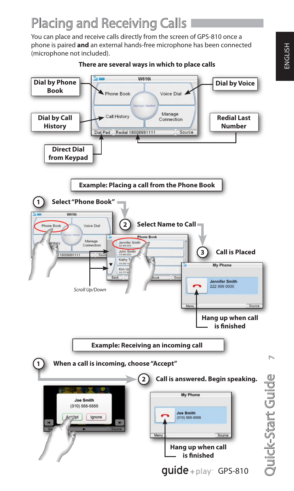 Quick -star t guide, Placing and receiving calls, Gps-810 | Harman-Kardon GPS-810 User Manual | Page 7 / 16