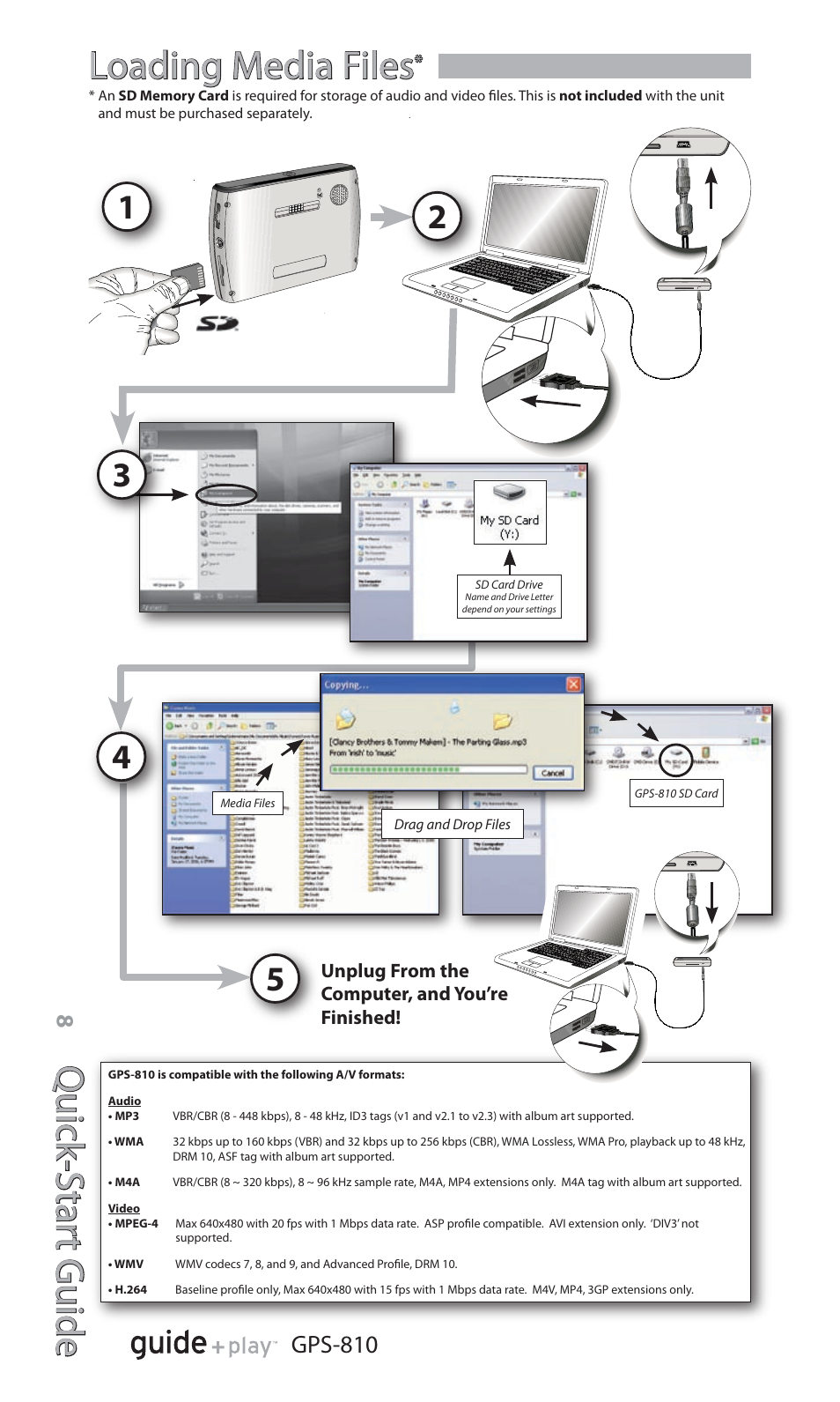 Quick -star t guide, Loading media files, 8gps-810 | Harman-Kardon GPS-810 User Manual | Page 8 / 16