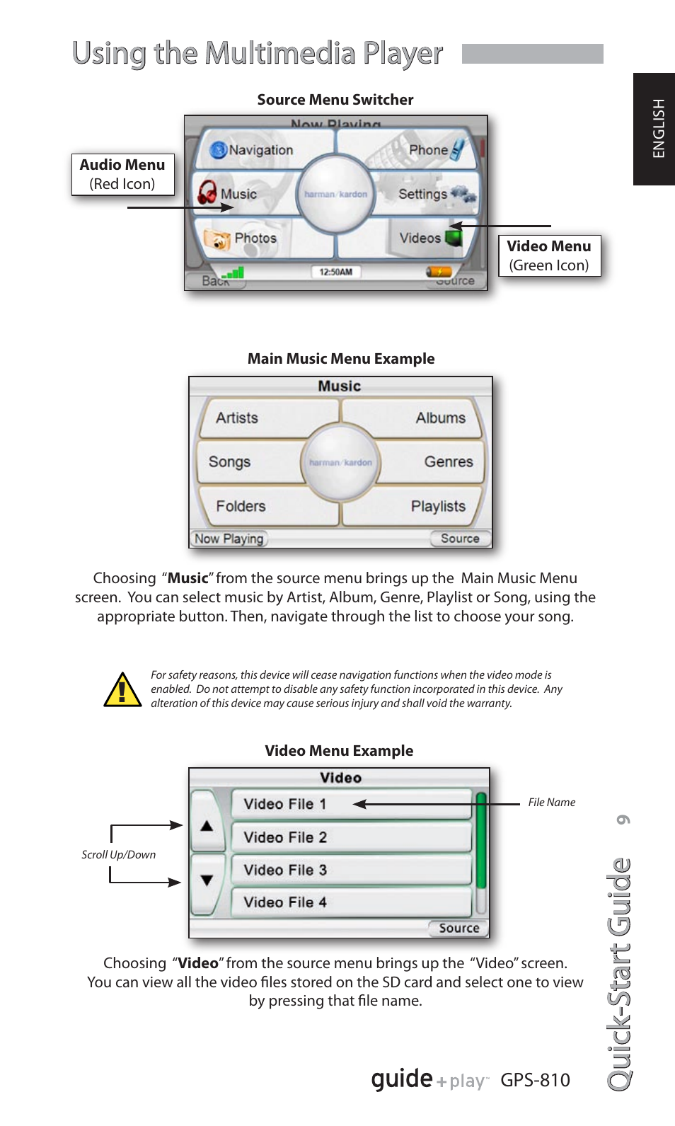 Quick -star t guide, Using the multimedia player | Harman-Kardon GPS-810 User Manual | Page 9 / 16