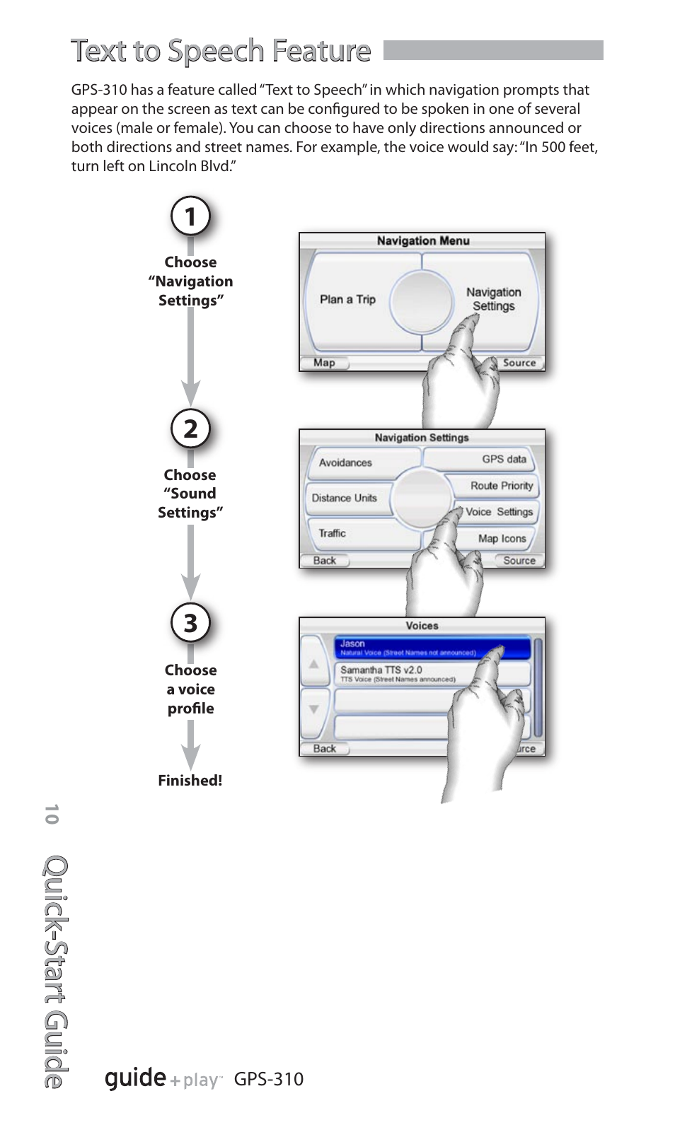 Quick -star t guide, Text to speech feature | Harman-Kardon GPS-310 User Manual | Page 10 / 12