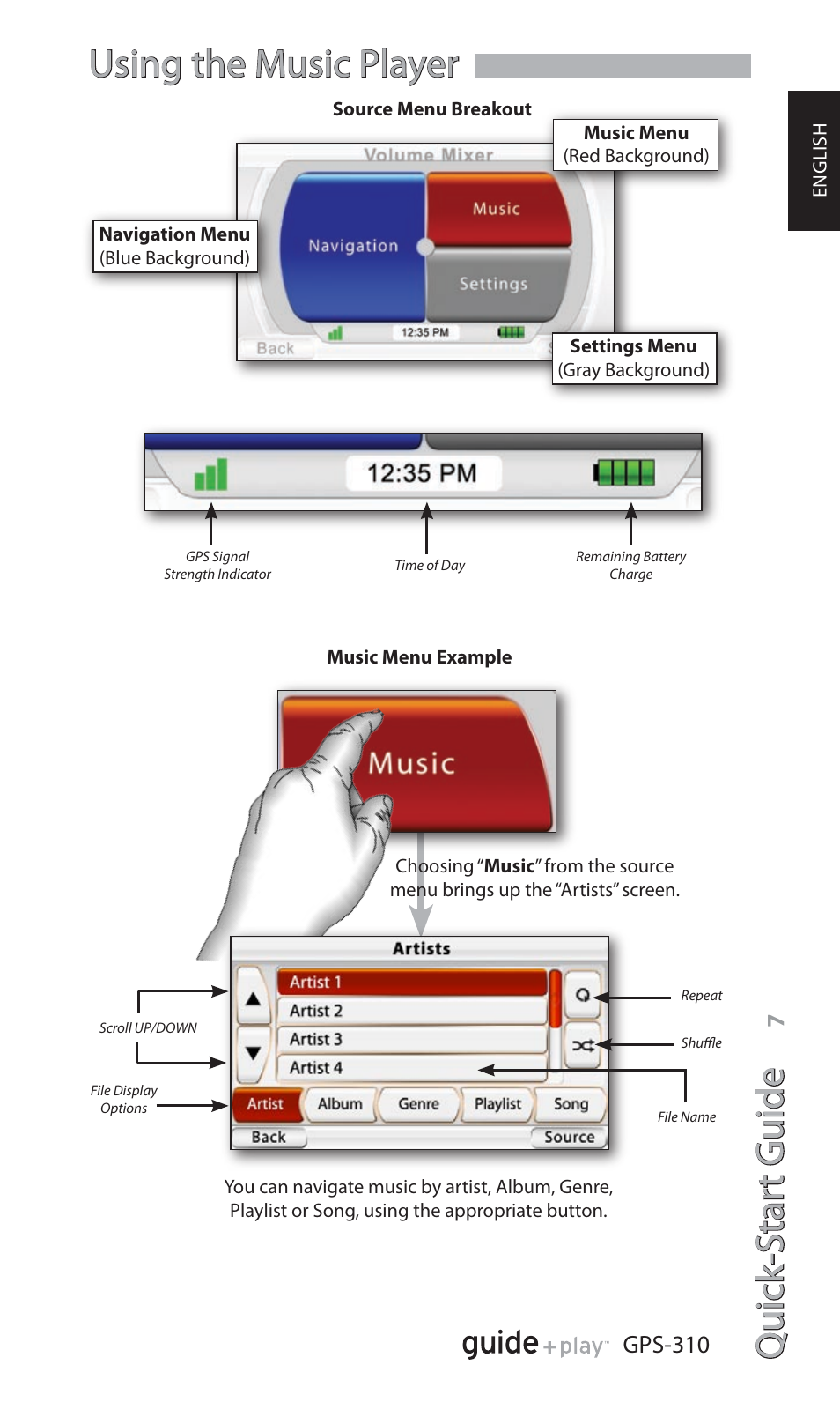 Quick -star t guide, Using the music player, Gps-310 | Harman-Kardon GPS-310 User Manual | Page 7 / 12