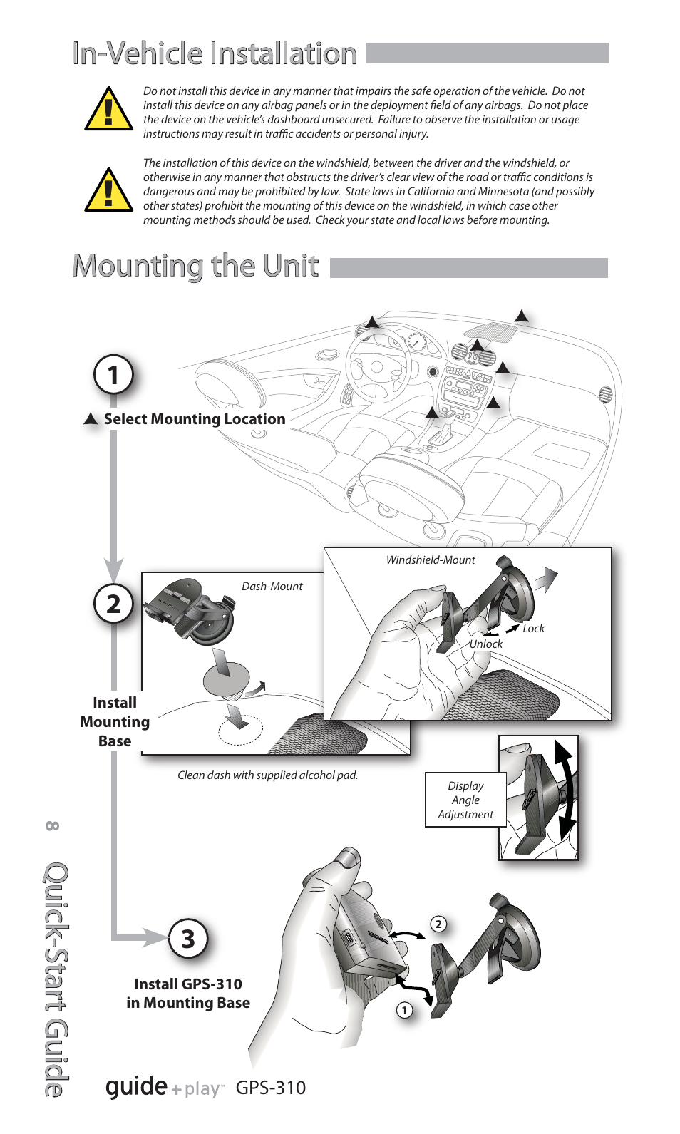 Quick -star t guide, In-vehicle installation, Mounting the unit | Harman-Kardon GPS-310 User Manual | Page 8 / 12