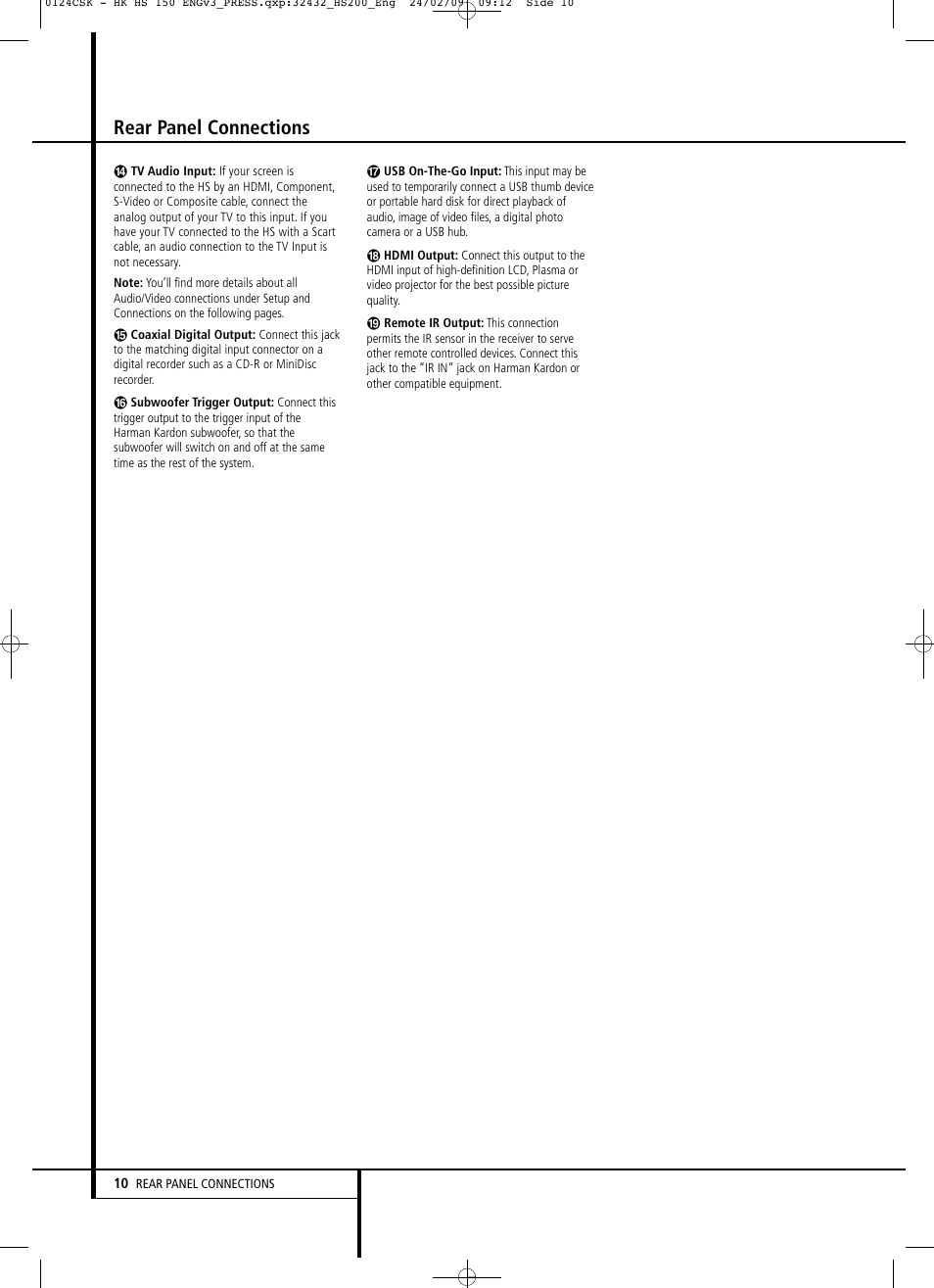 Rear panel connections | Harman-Kardon HS 150 User Manual | Page 10 / 32