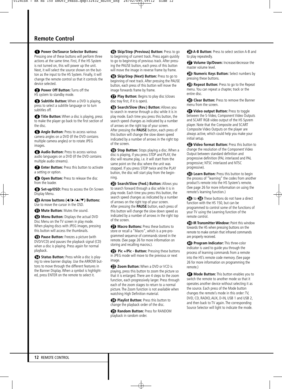Remote control | Harman-Kardon HS 150 User Manual | Page 12 / 32