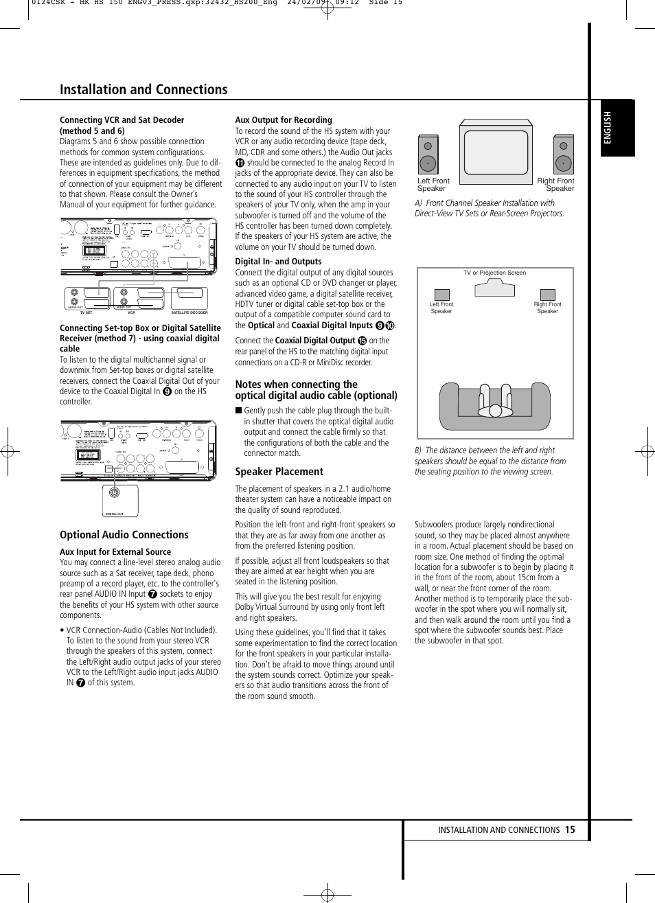 Installation and connections, Optional audio connections, Speaker placement | Harman-Kardon HS 150 User Manual | Page 15 / 32