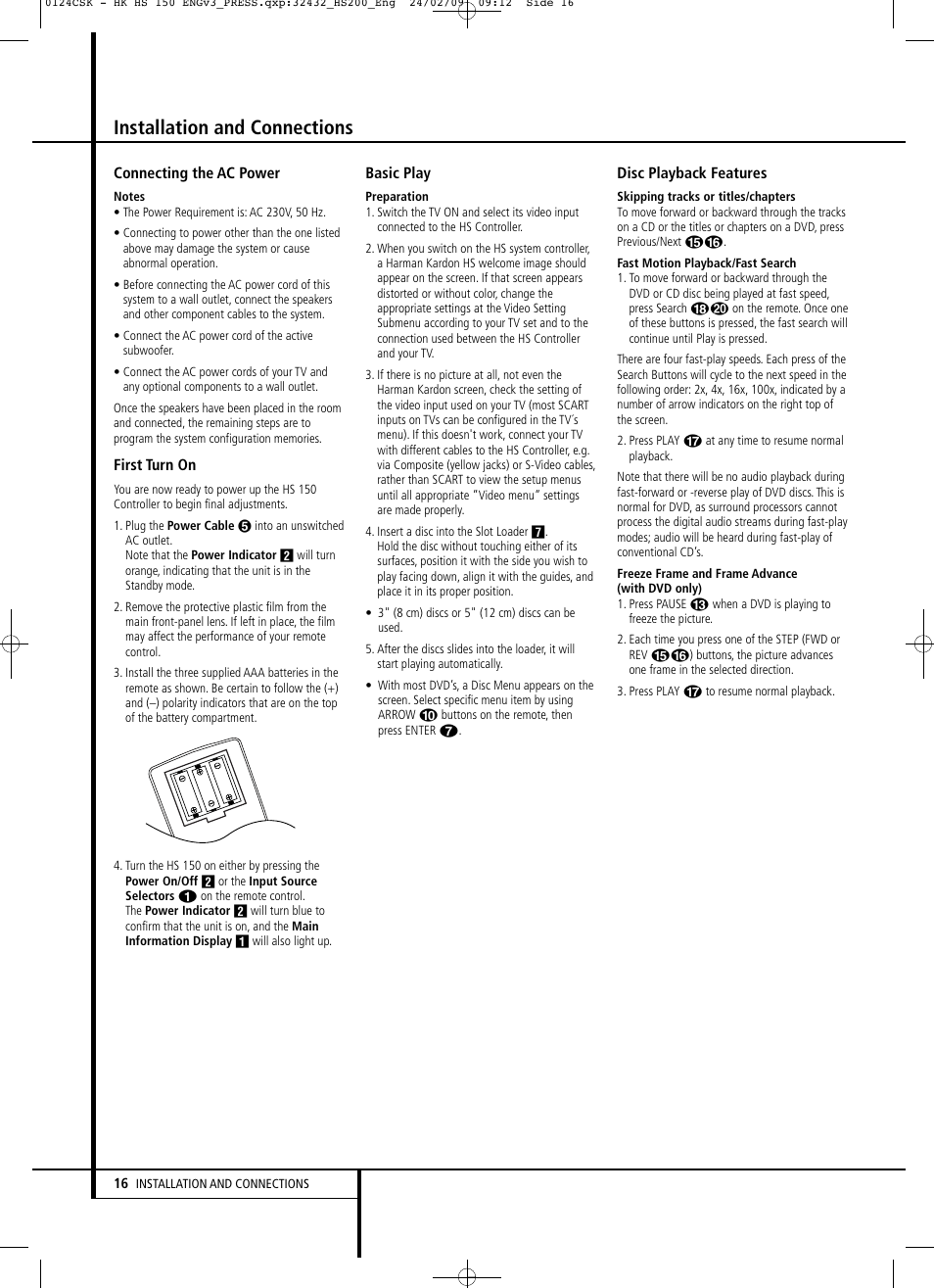 Installation and connections | Harman-Kardon HS 150 User Manual | Page 16 / 32