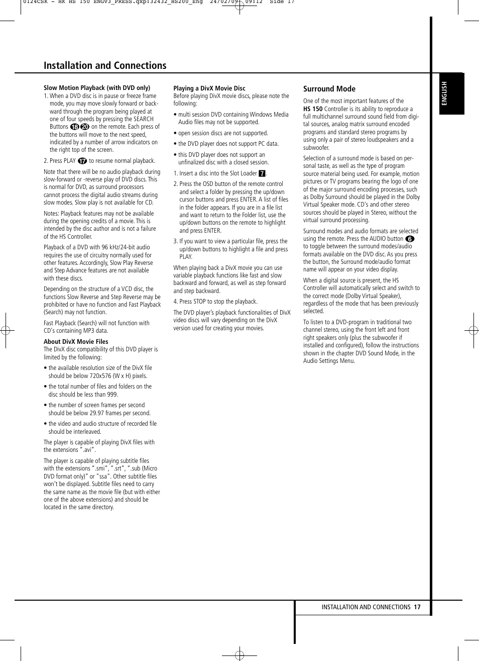 Installation and connections | Harman-Kardon HS 150 User Manual | Page 17 / 32