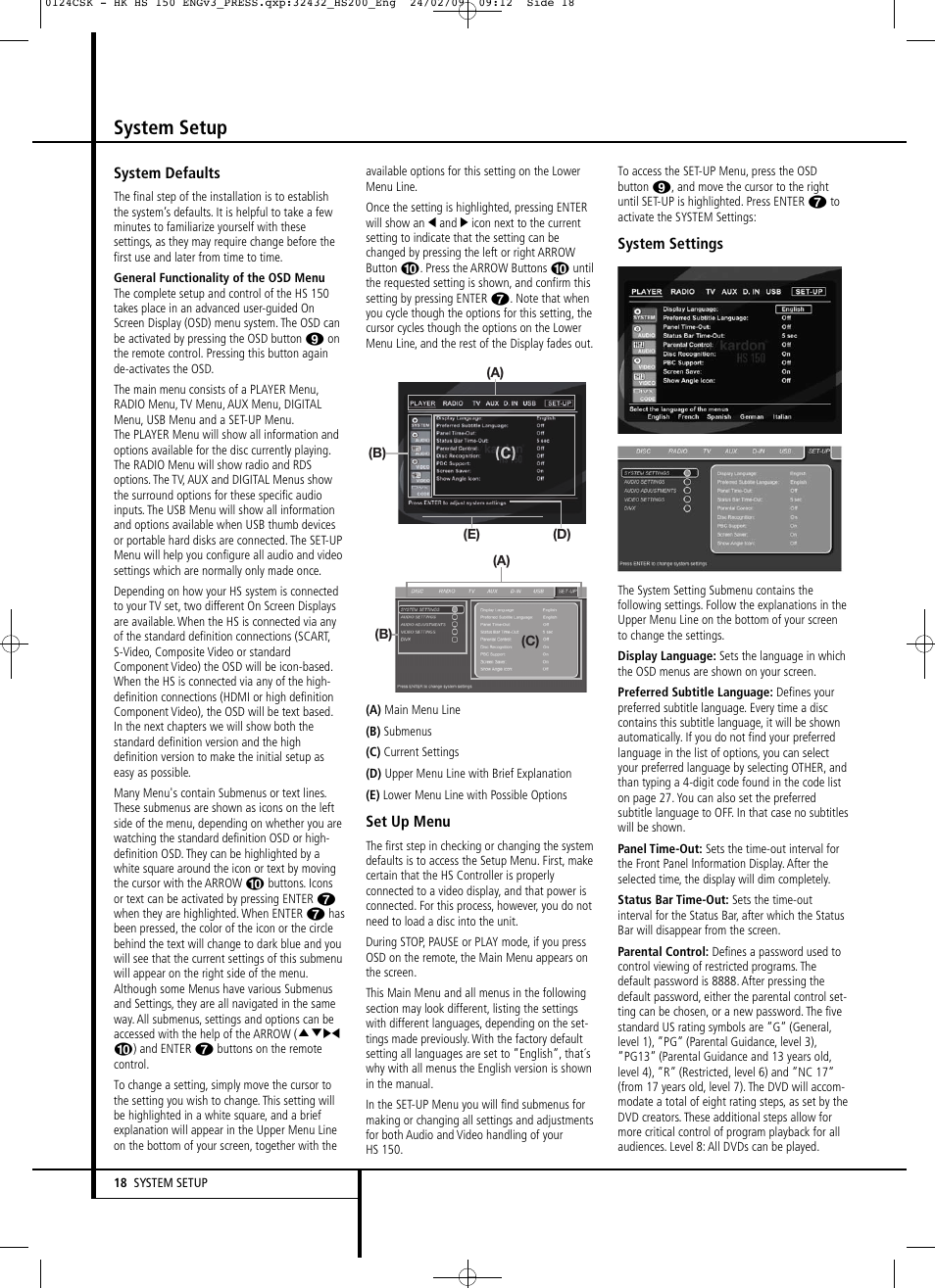 System setup | Harman-Kardon HS 150 User Manual | Page 18 / 32