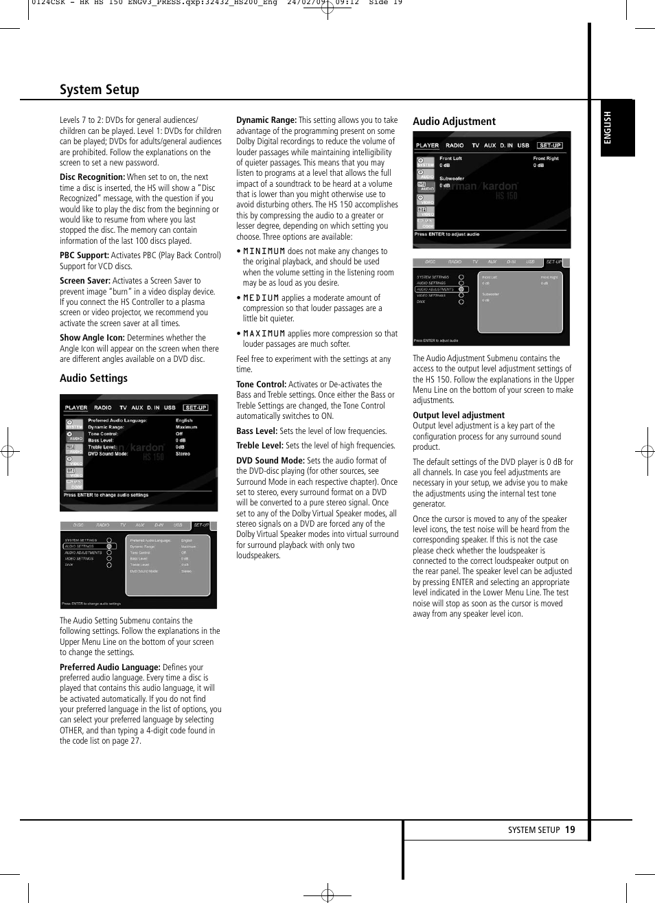 System setup | Harman-Kardon HS 150 User Manual | Page 19 / 32