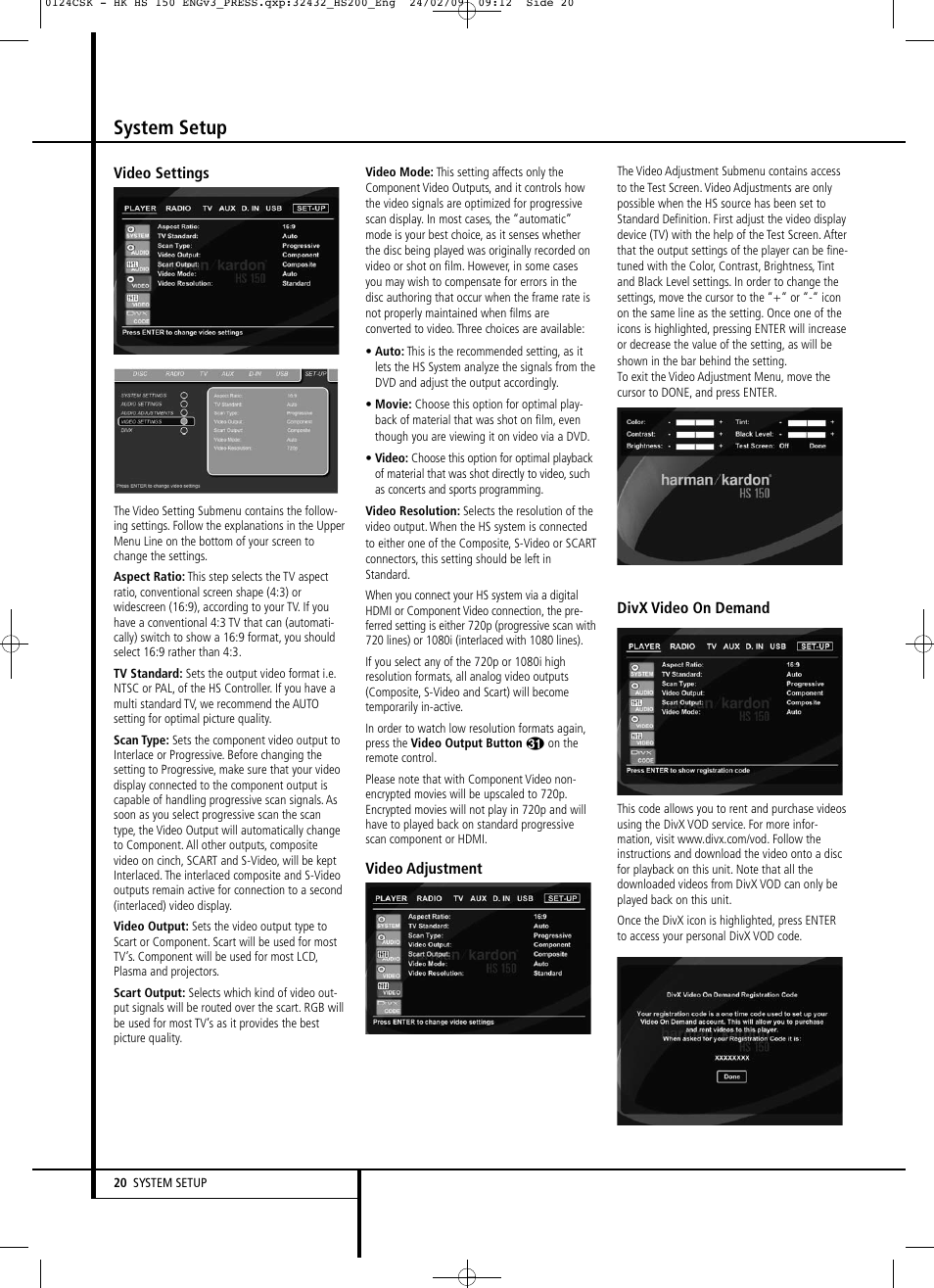 System setup | Harman-Kardon HS 150 User Manual | Page 20 / 32