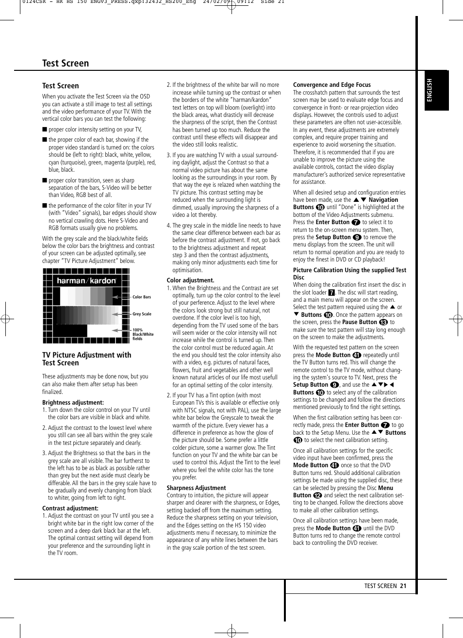 Test screen | Harman-Kardon HS 150 User Manual | Page 21 / 32