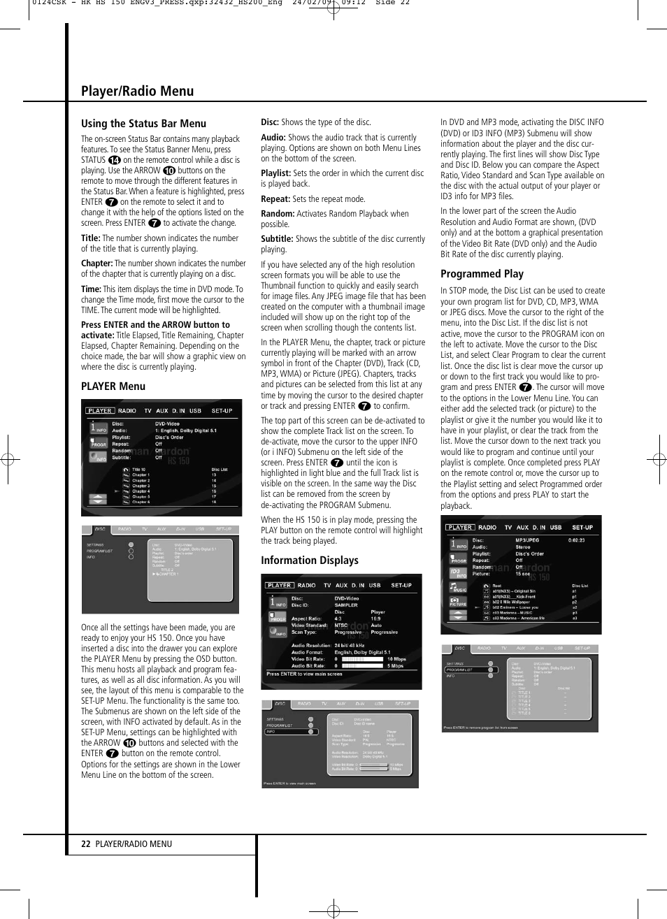 Player/radio menu | Harman-Kardon HS 150 User Manual | Page 22 / 32