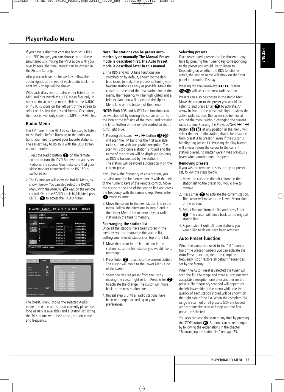 Player/radio menu | Harman-Kardon HS 150 User Manual | Page 23 / 32