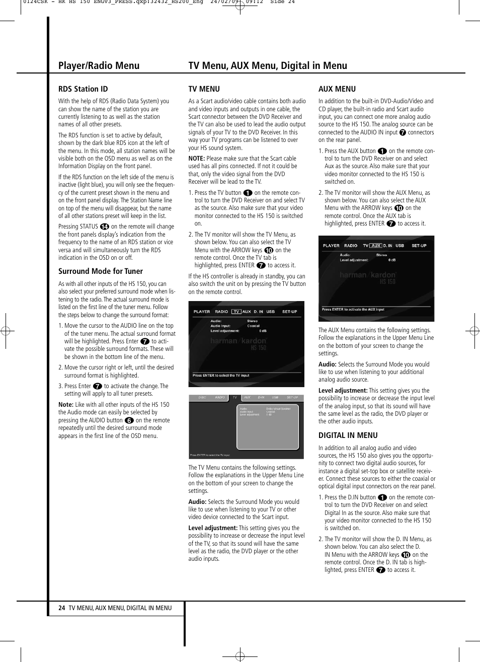 Tv menu, aux menu, digital in menu, Player/radio menu | Harman-Kardon HS 150 User Manual | Page 24 / 32