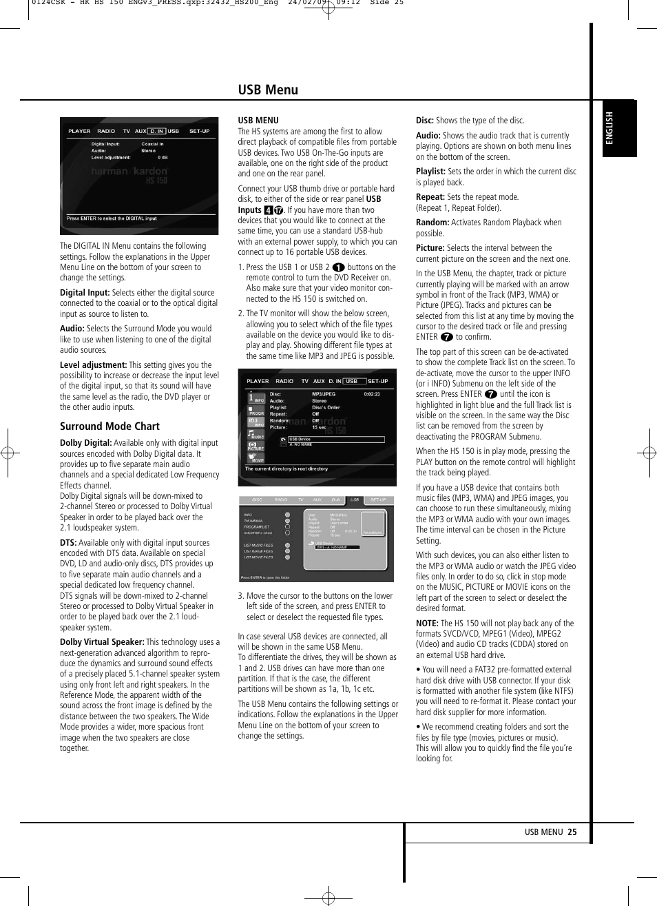 Usb menu | Harman-Kardon HS 150 User Manual | Page 25 / 32