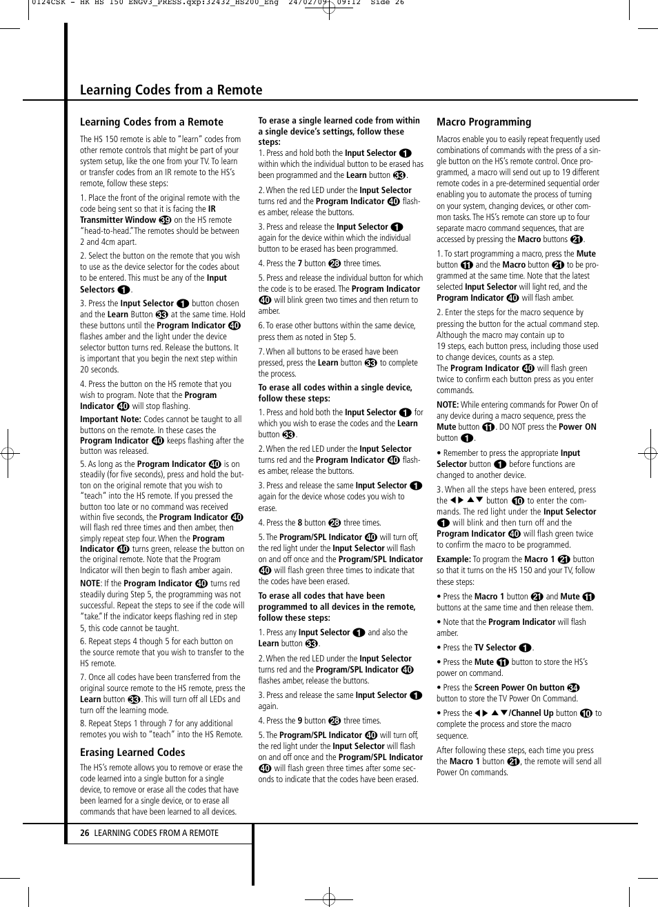 Learning codes from a remote | Harman-Kardon HS 150 User Manual | Page 26 / 32