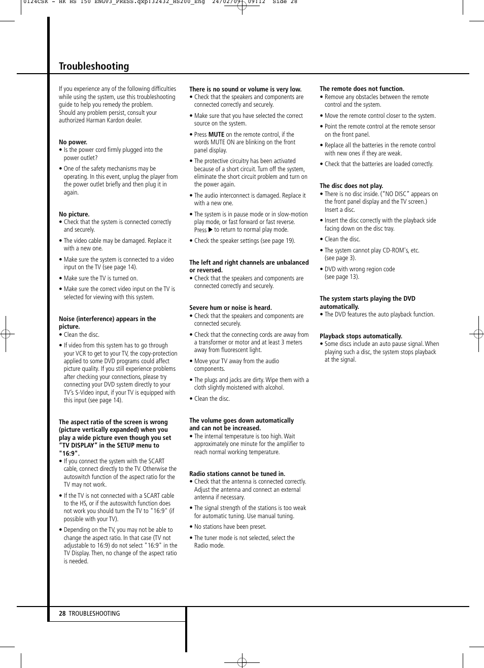 Troubleshooting | Harman-Kardon HS 150 User Manual | Page 28 / 32
