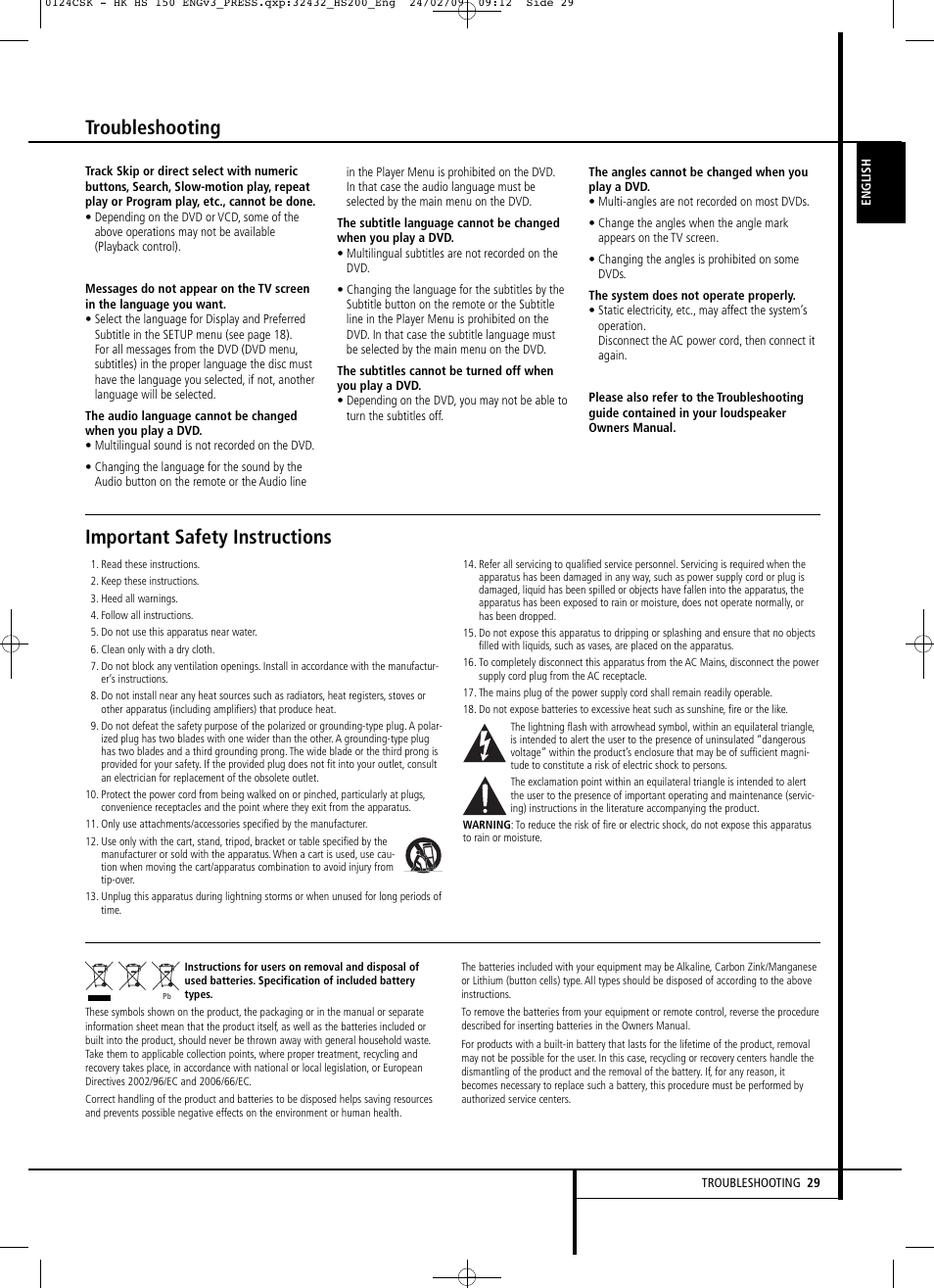 Troubleshooting, Important safety instructions | Harman-Kardon HS 150 User Manual | Page 29 / 32