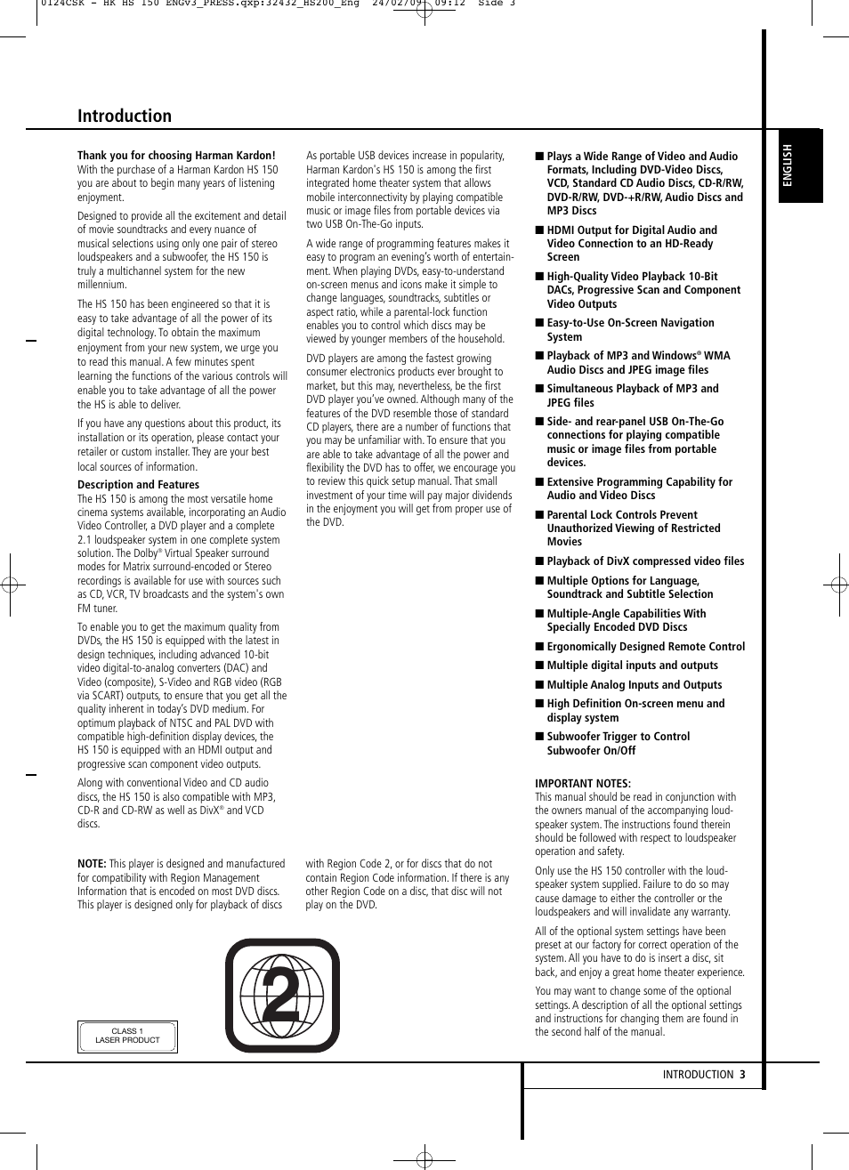 Introduction | Harman-Kardon HS 150 User Manual | Page 3 / 32