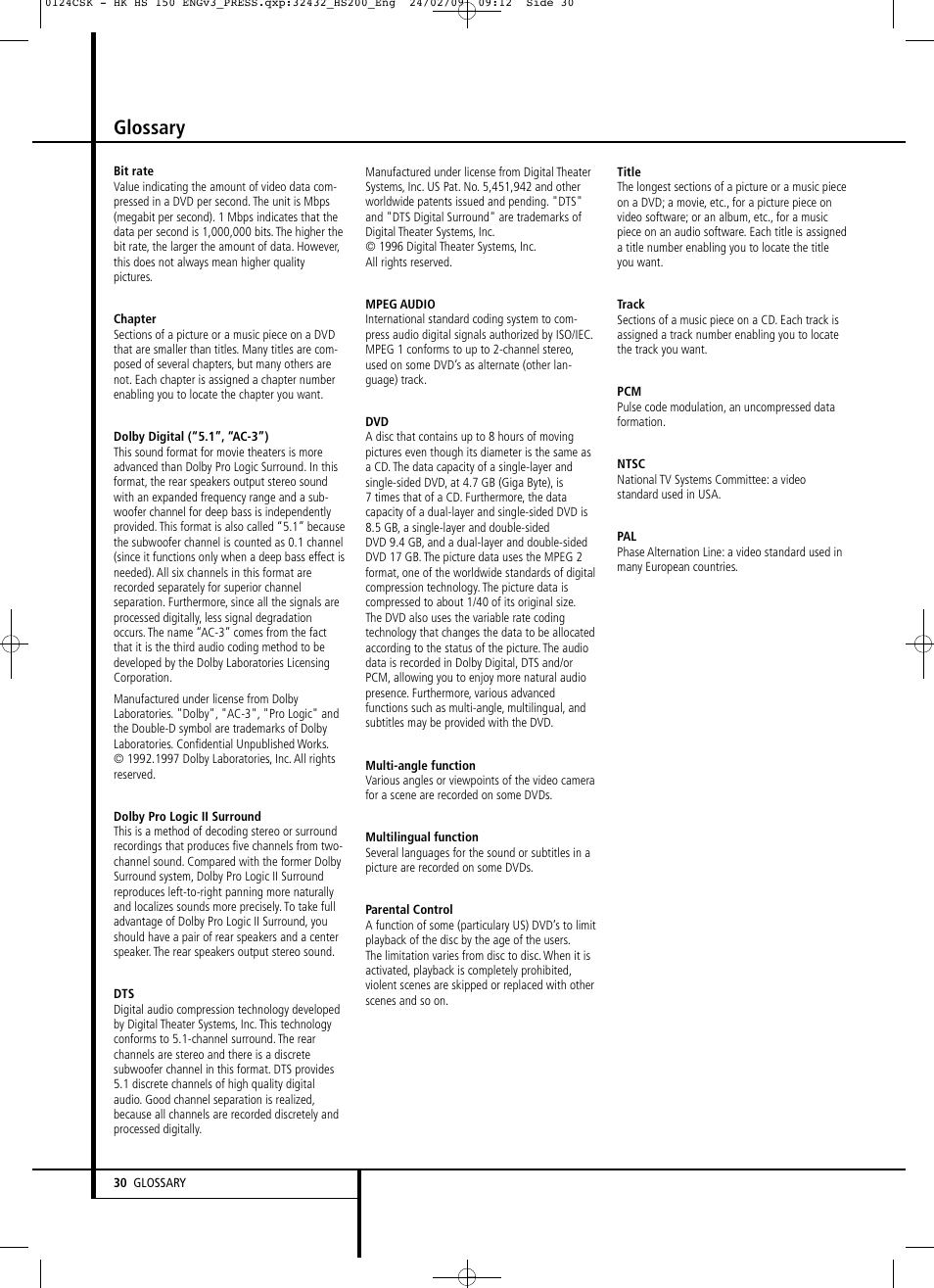 Glossary | Harman-Kardon HS 150 User Manual | Page 30 / 32