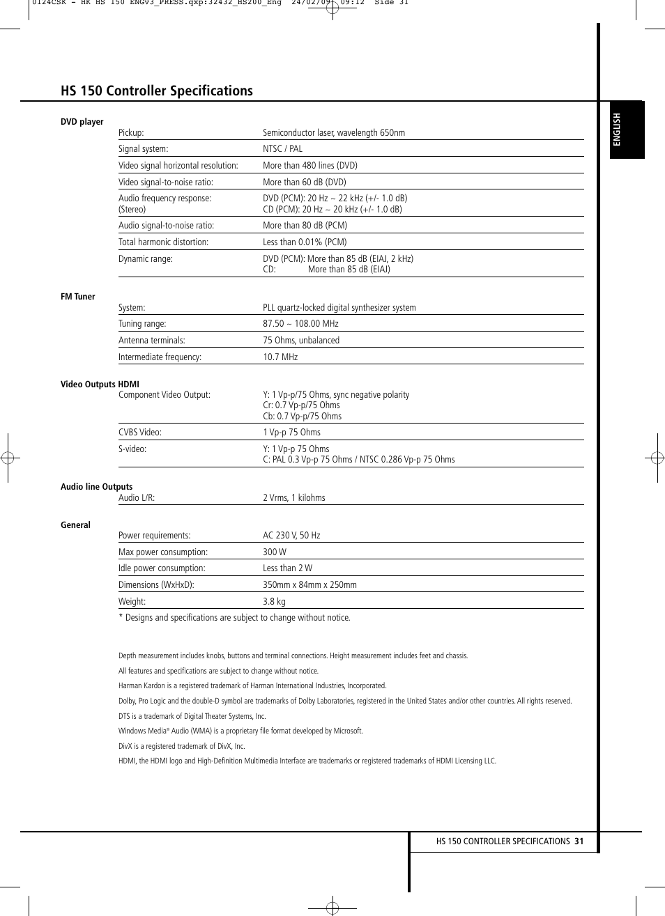 Hs 150 controller specifications | Harman-Kardon HS 150 User Manual | Page 31 / 32