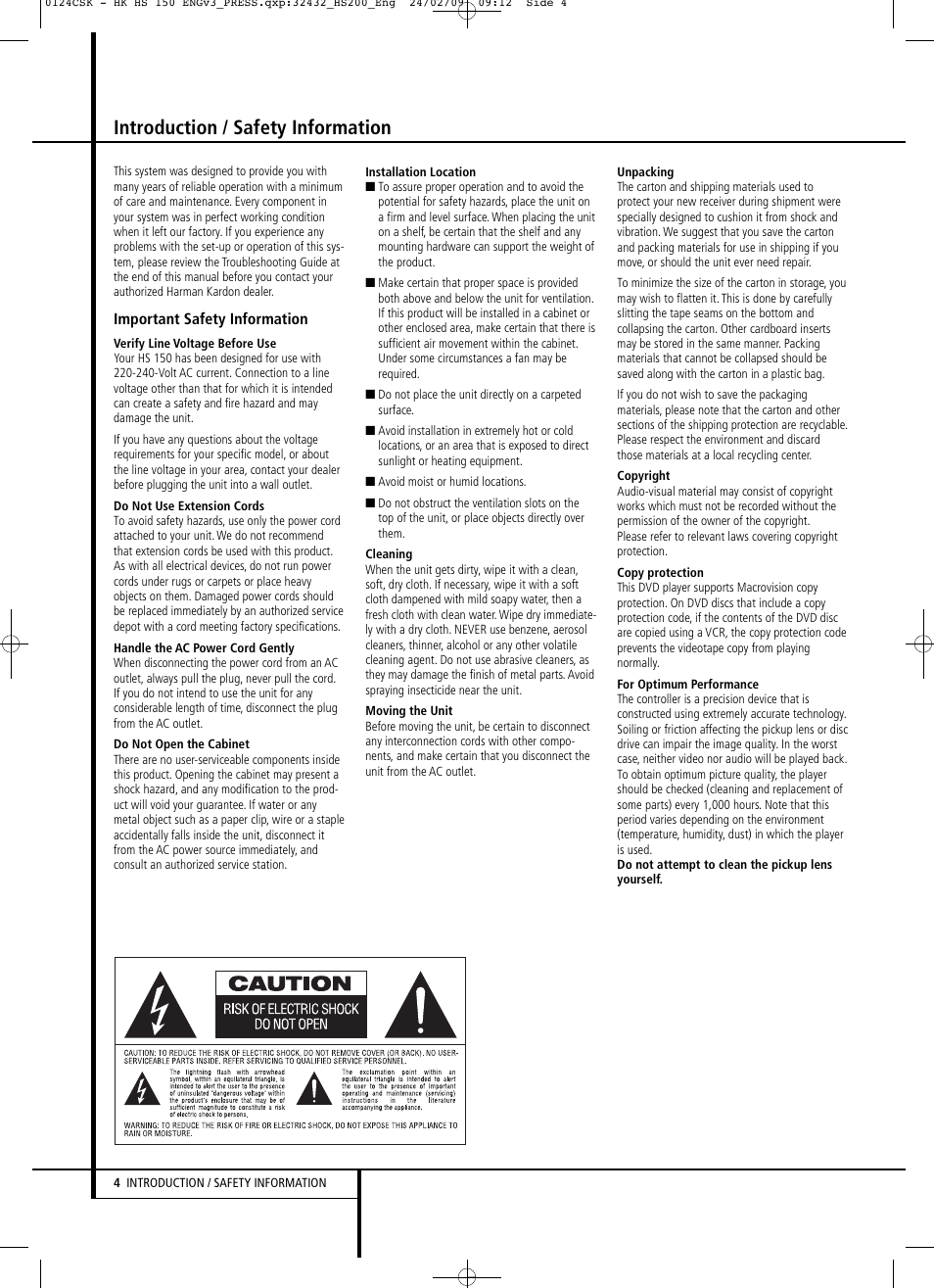 Introduction / safety information | Harman-Kardon HS 150 User Manual | Page 4 / 32