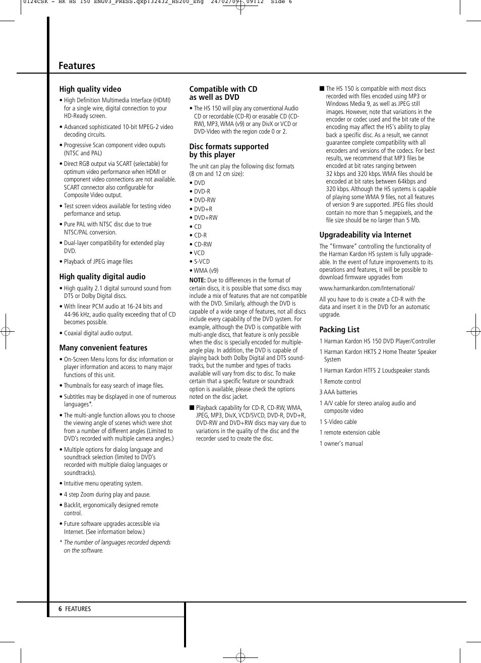 Features | Harman-Kardon HS 150 User Manual | Page 6 / 32