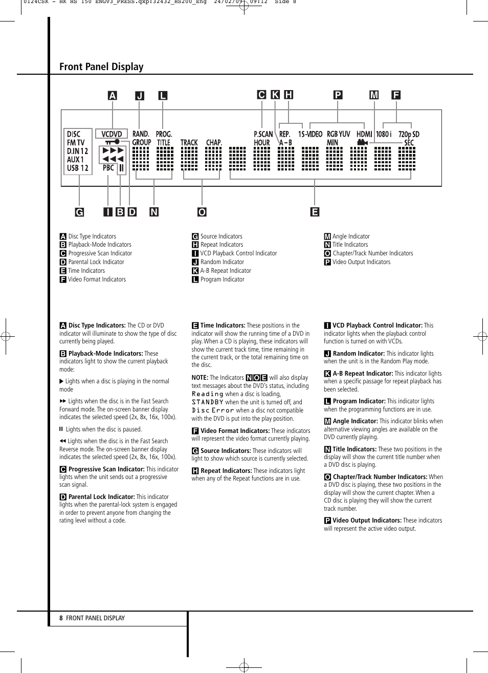 Front panel display | Harman-Kardon HS 150 User Manual | Page 8 / 32