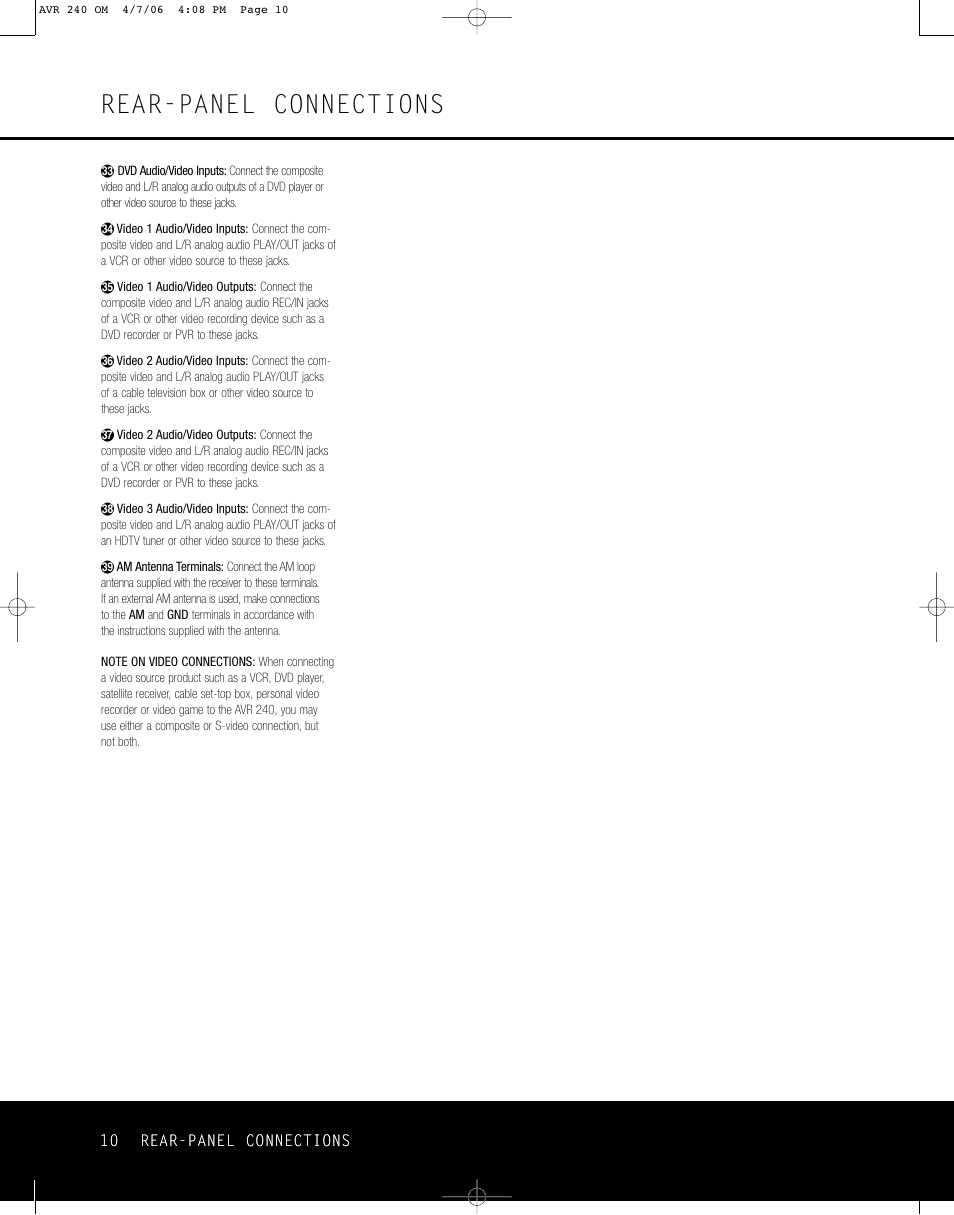 Rear-panel connections | Harman-Kardon AVR 240 User Manual | Page 10 / 64