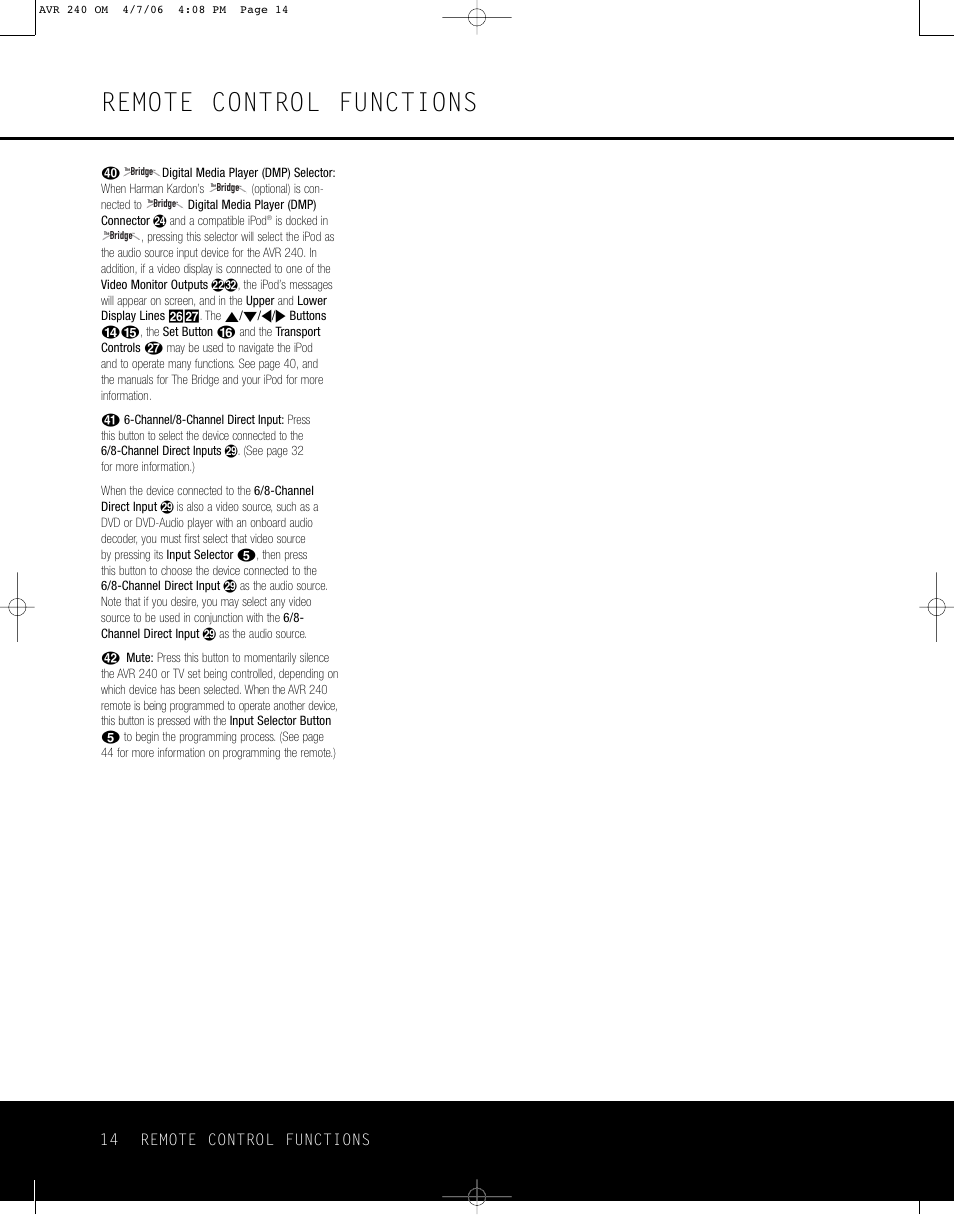 Remote control functions | Harman-Kardon AVR 240 User Manual | Page 14 / 64