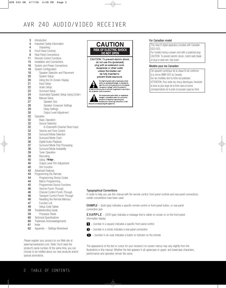 Avr 240 audio/video receiver | Harman-Kardon AVR 240 User Manual | Page 2 / 64