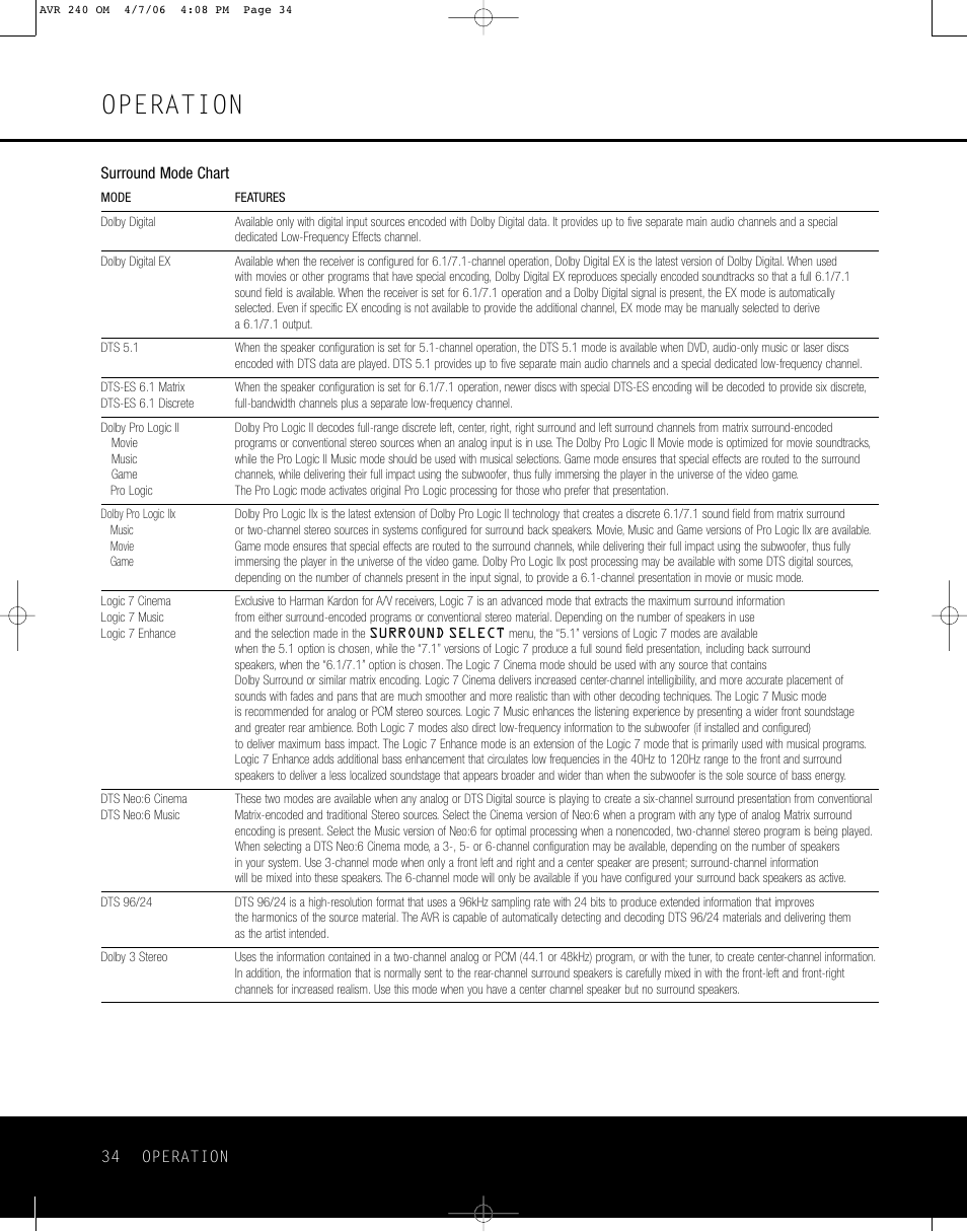 Operation | Harman-Kardon AVR 240 User Manual | Page 34 / 64