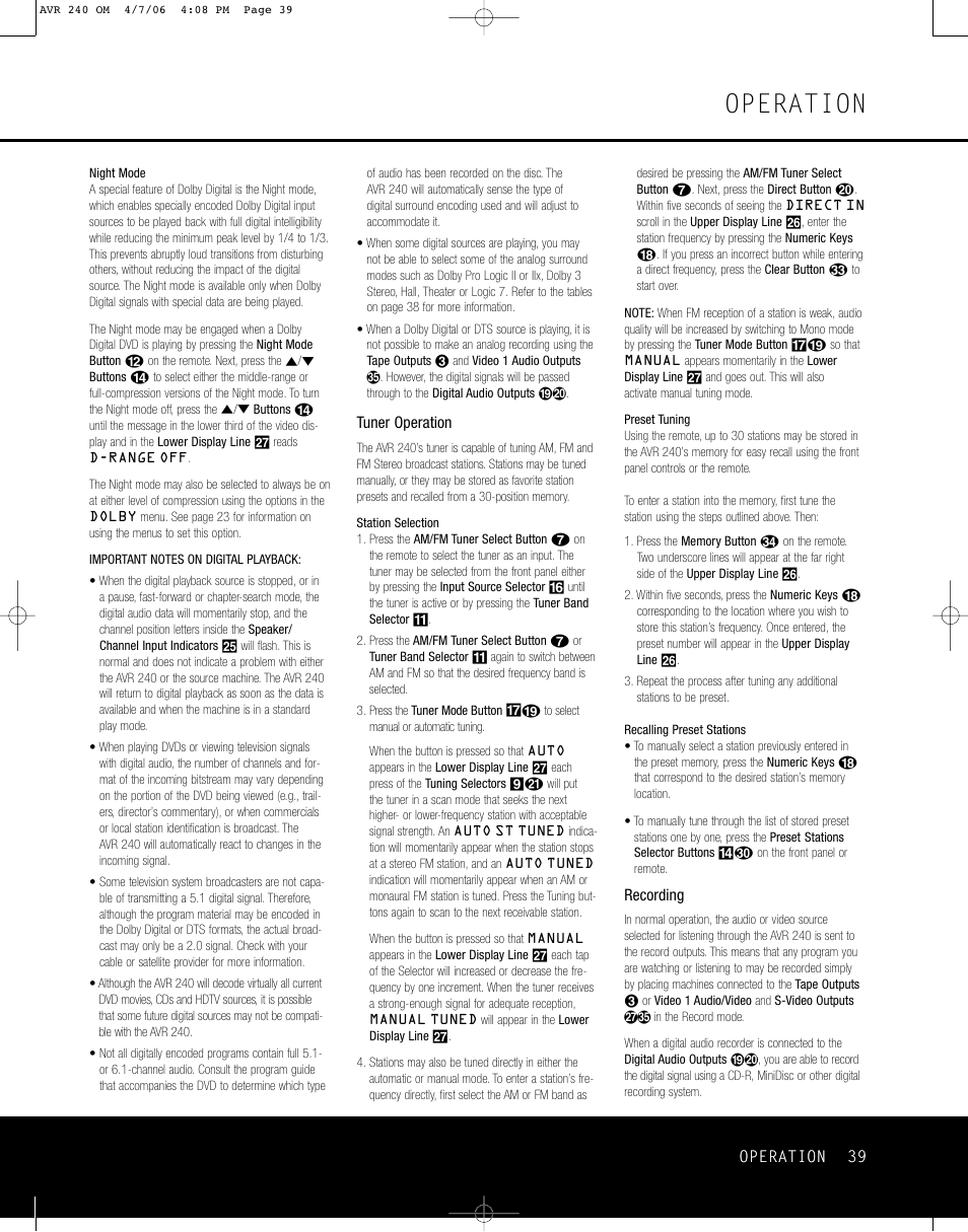 Operation | Harman-Kardon AVR 240 User Manual | Page 39 / 64