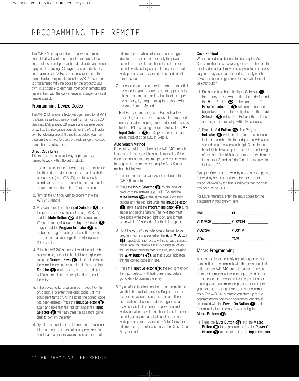 Programming the remote, 44 programming the remote, Programming device codes | Macro programming | Harman-Kardon AVR 240 User Manual | Page 44 / 64