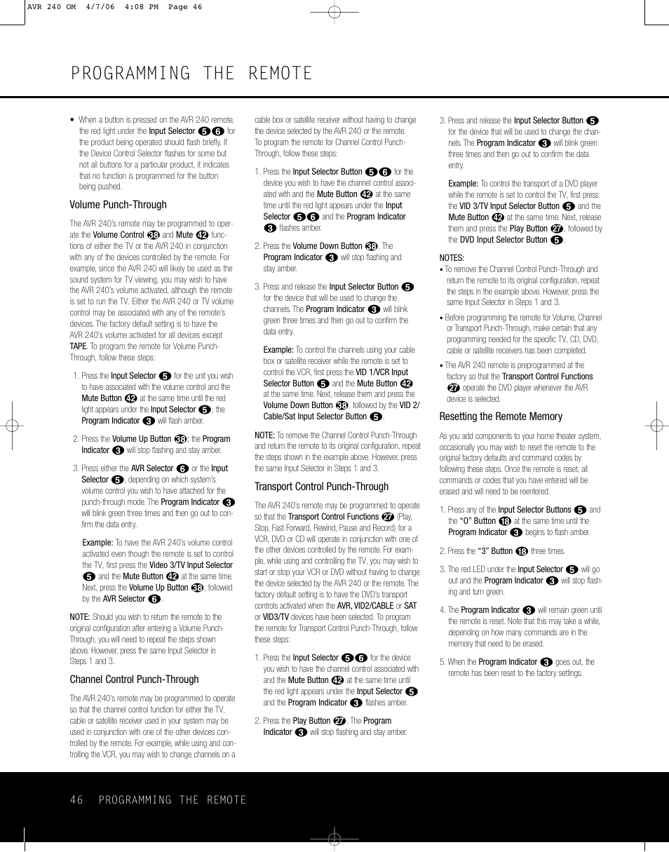 Programming the remote | Harman-Kardon AVR 240 User Manual | Page 46 / 64