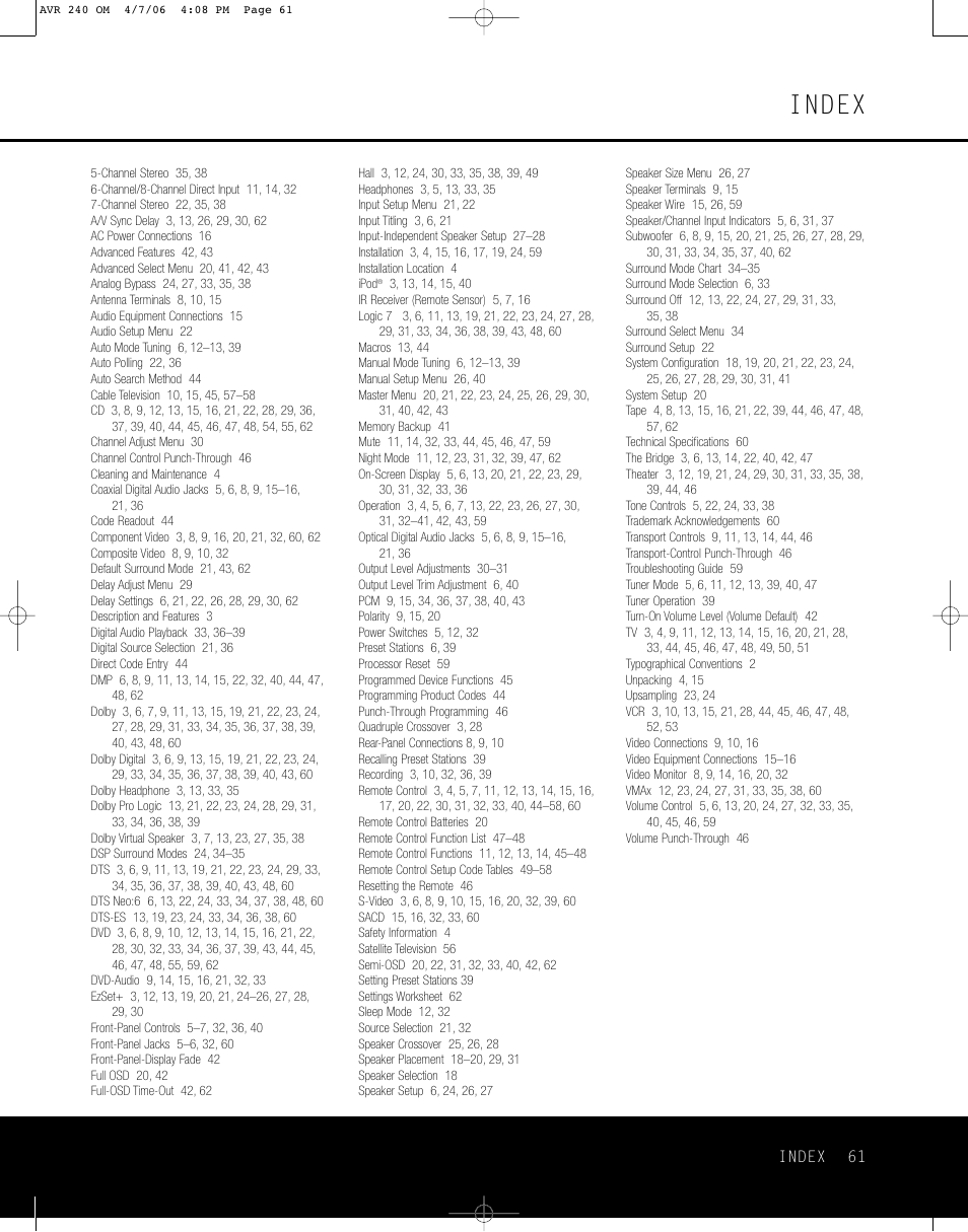 Index | Harman-Kardon AVR 240 User Manual | Page 61 / 64