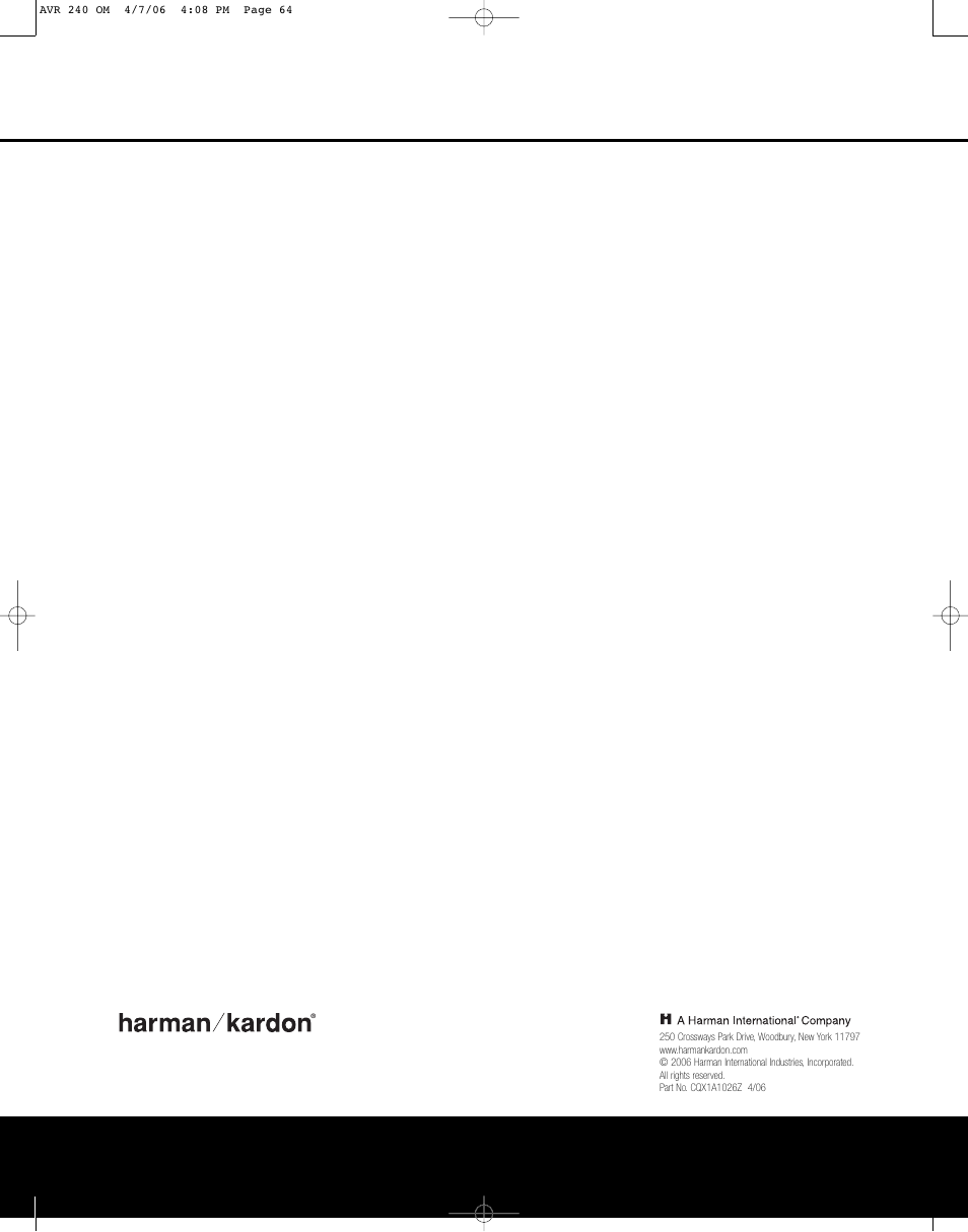 Harman-Kardon AVR 240 User Manual | Page 64 / 64