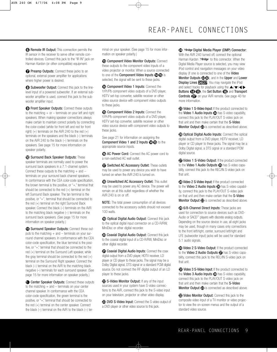 Rear-panel connections | Harman-Kardon AVR 240 User Manual | Page 9 / 64