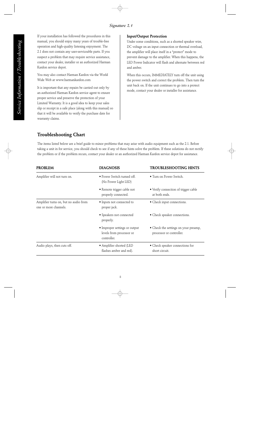 Service information / t roubleshooting, Troubleshooting chart | Harman-Kardon Signature Series User Manual | Page 10 / 12