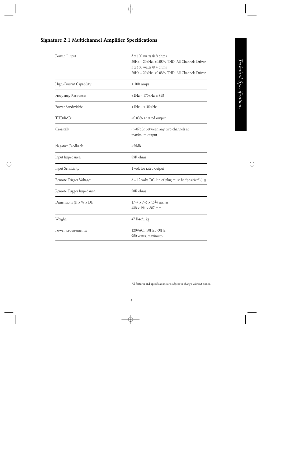 Technical specifications | Harman-Kardon Signature Series User Manual | Page 11 / 12