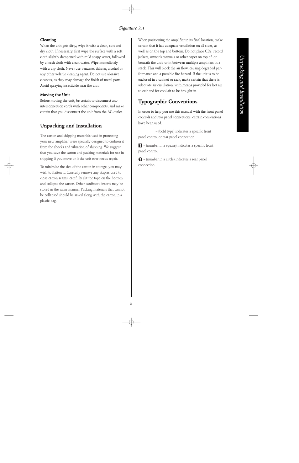 Unpacking and installation, Typographic conventions | Harman-Kardon Signature Series User Manual | Page 5 / 12