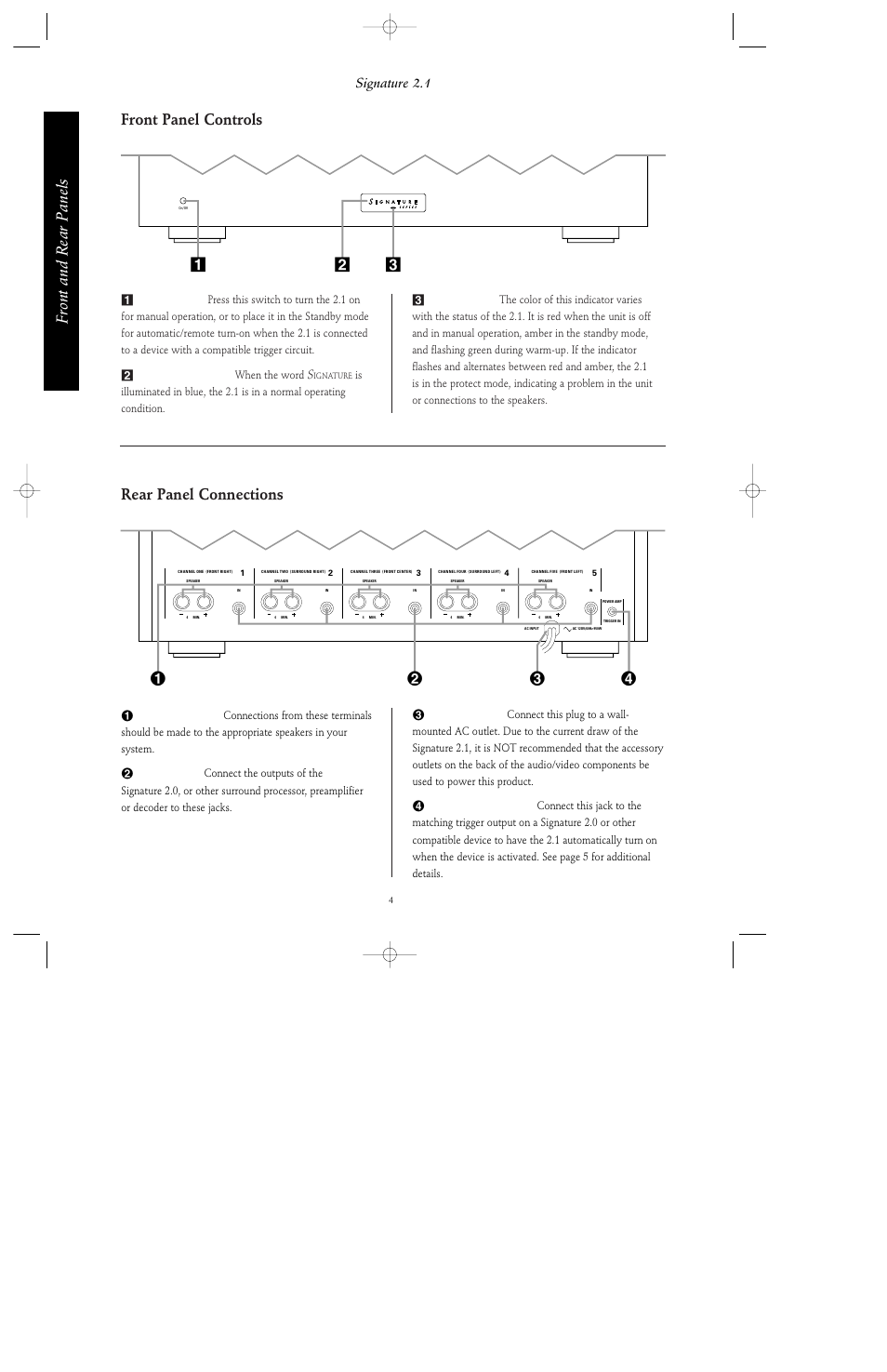 Front and rear panels, Rear panel connections, Front panel controls | Signature 2.1 | Harman-Kardon Signature Series User Manual | Page 6 / 12