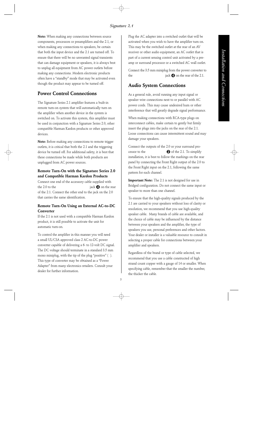 Installation and connections, Power control connections, Audio system connections | Harman-Kardon Signature Series User Manual | Page 7 / 12