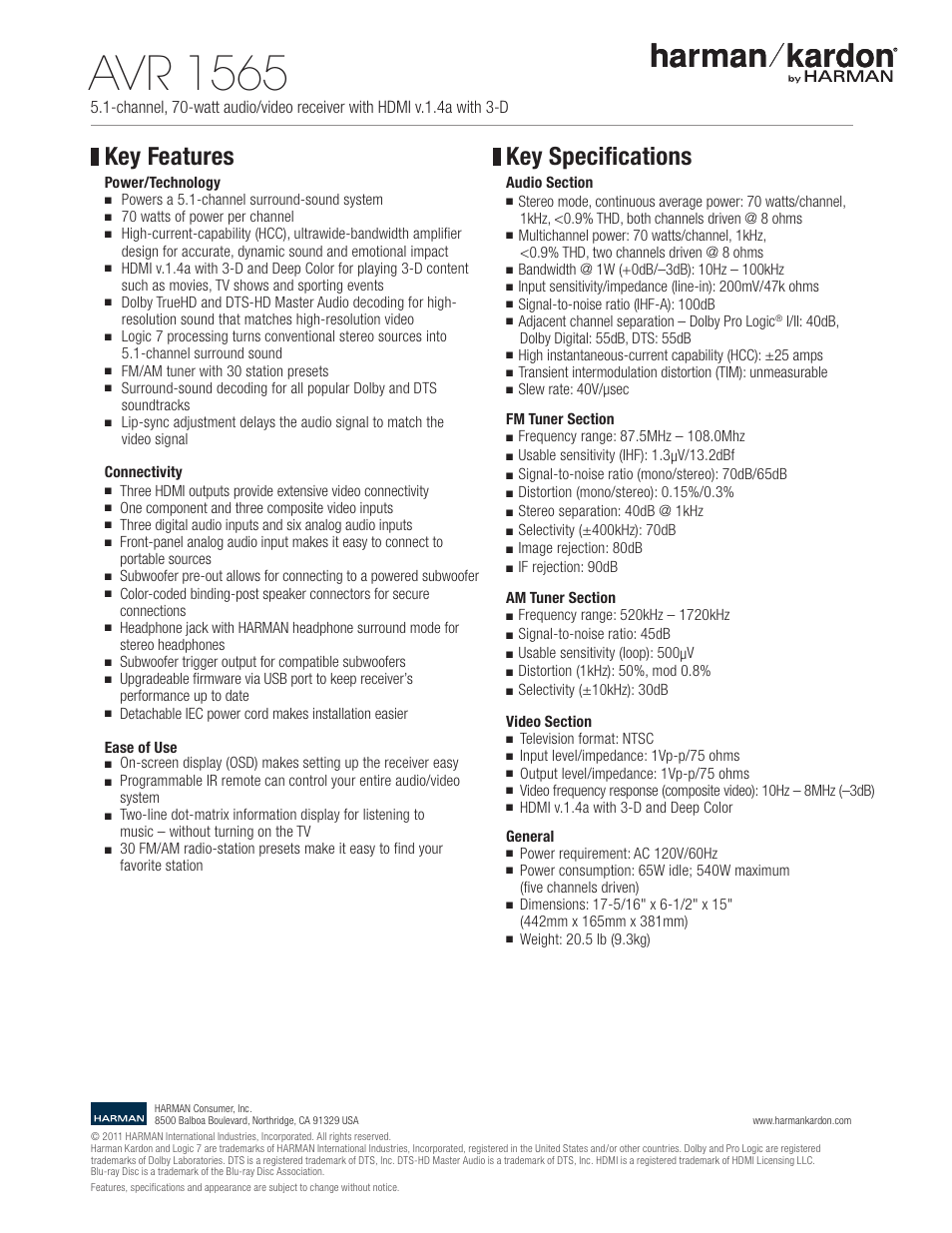 Avr 1565, Key features, Key specifications | Harman-Kardon AVR 1565 User Manual | Page 2 / 2