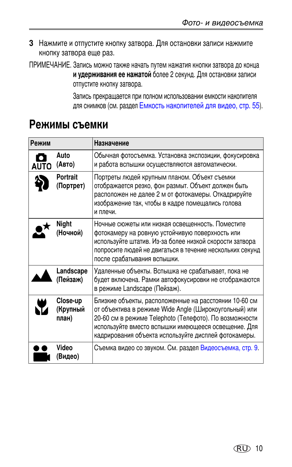 Режимы съемки | Kodak CX7220 User Manual | Page 17 / 72