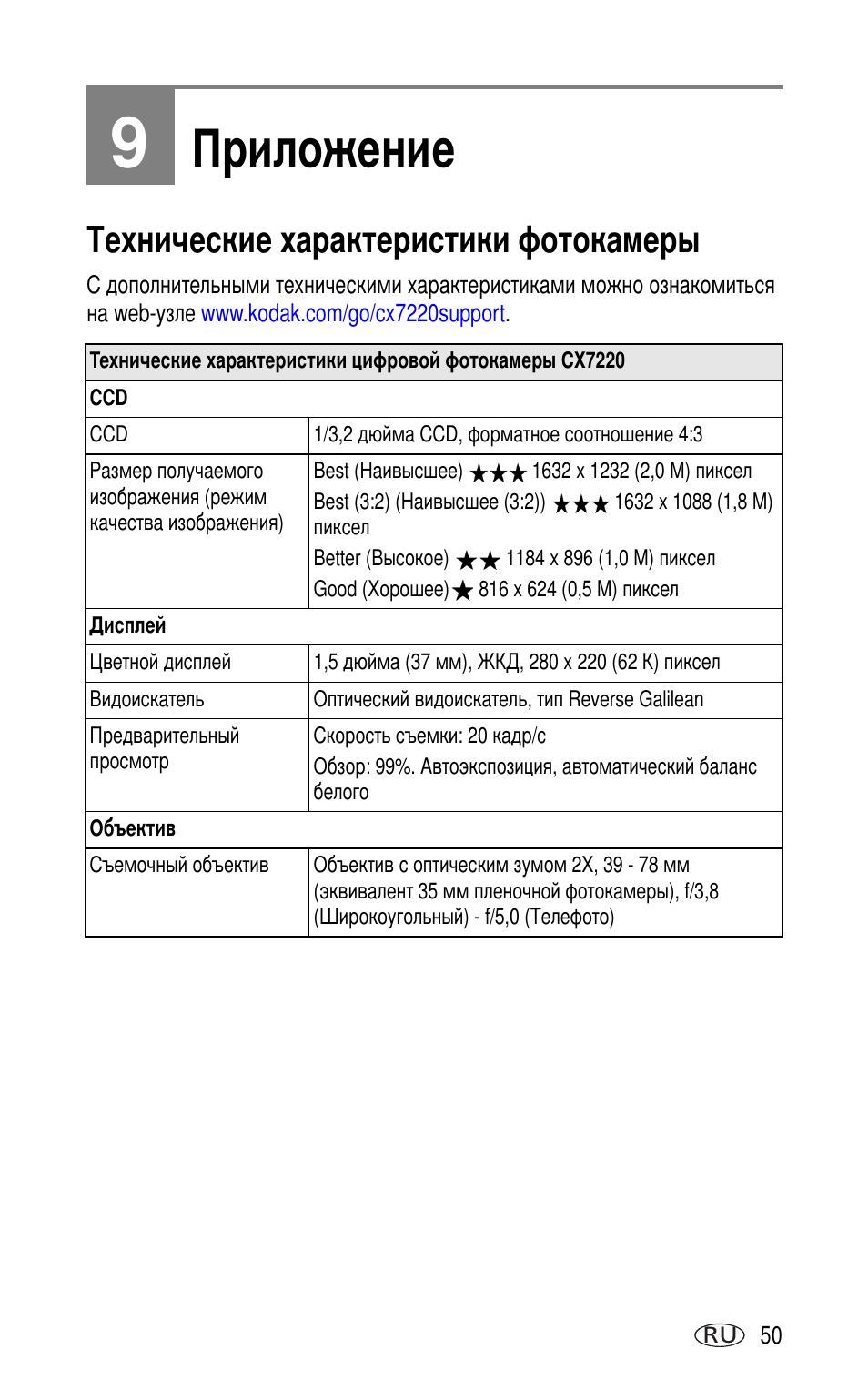 9 приложение, Технические характеристики фотокамеры | Kodak CX7220 User Manual | Page 57 / 72
